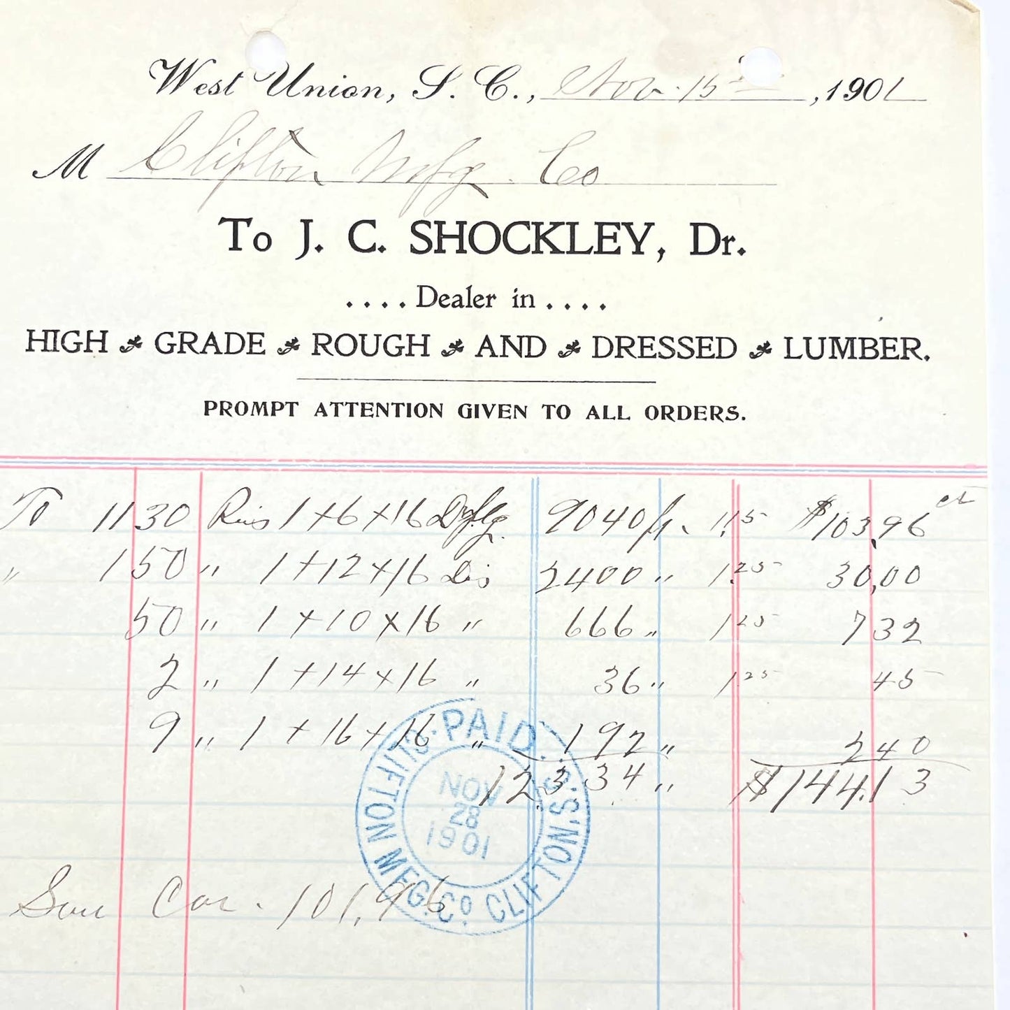 1901 Dr. J.C. Shockley Lumber Dealer Letterhead West Union SC AB9