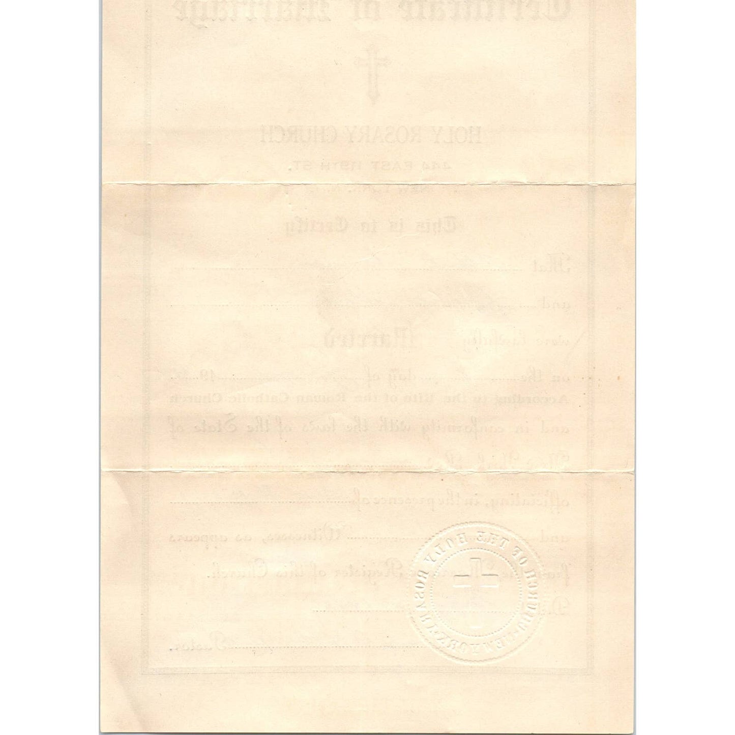 1936 Certificate of Marriage Holy Rosary NYC Albert Sanger Louise Sheehan AD4