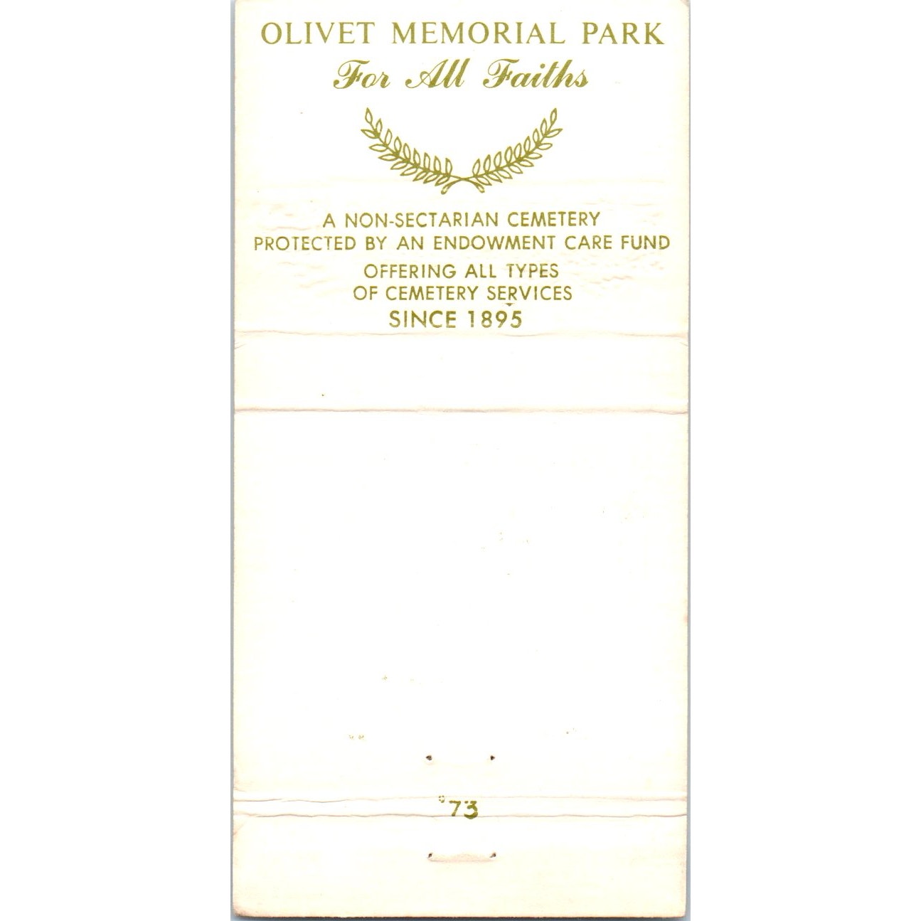 Olivet Memorial Park Colma California Advertising Matchbook Cover MM9-7