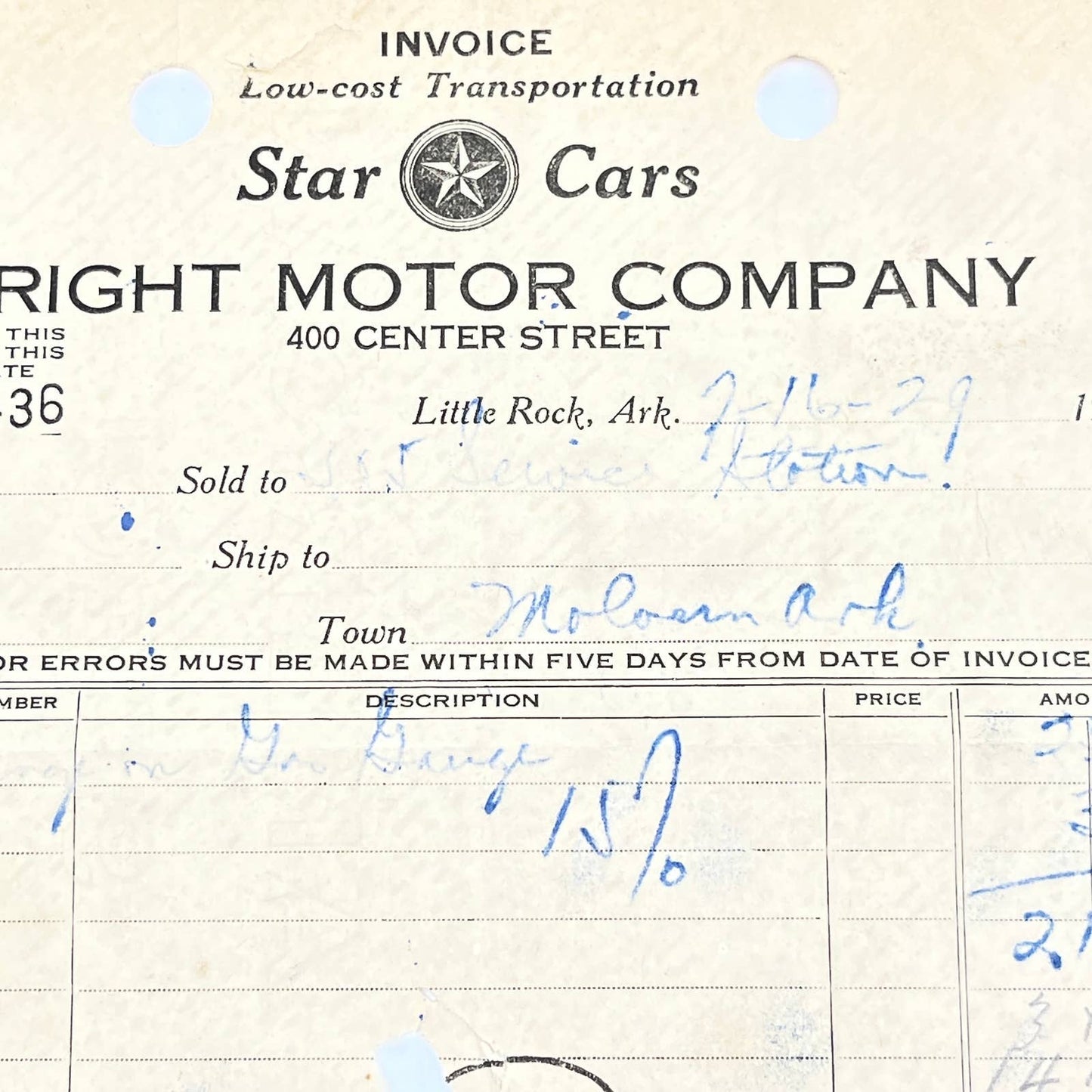 1929 Star Cars Wright Motor Company Billhead Letterhead Little Rock AR AC3