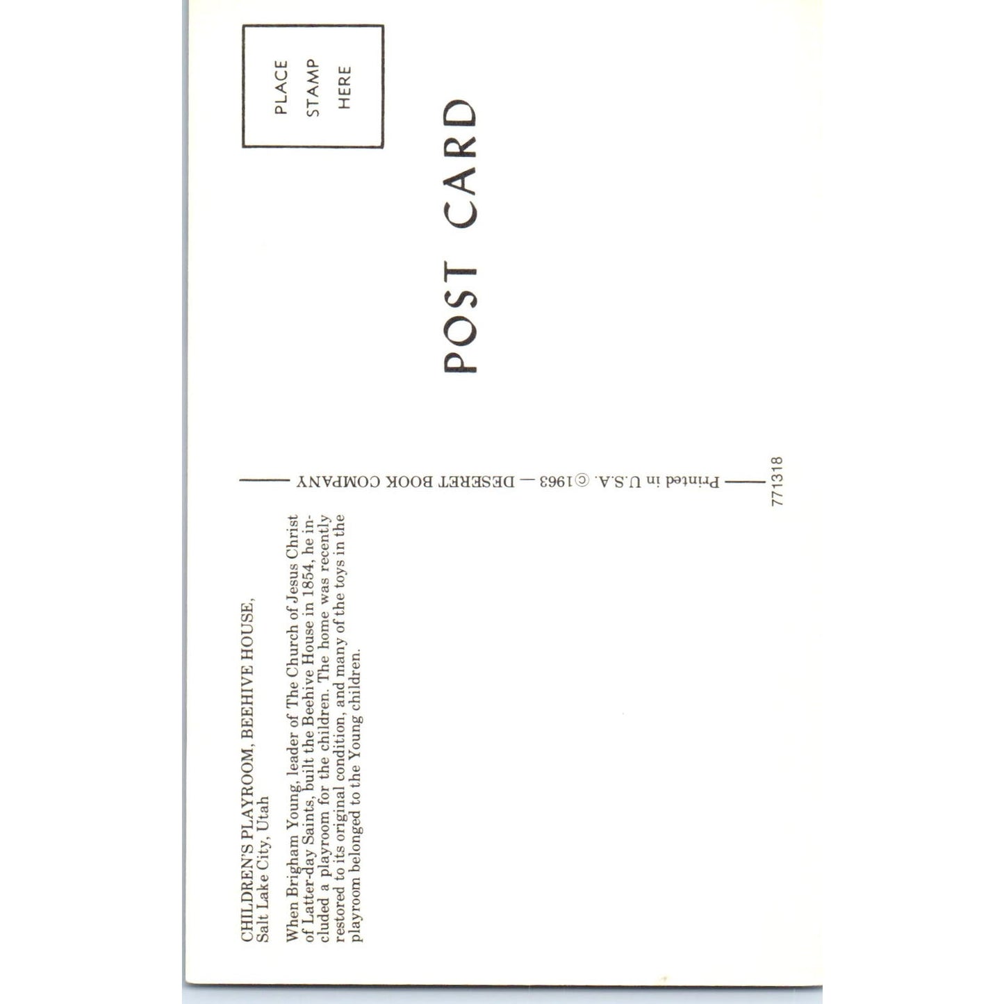 Children's Playroom Beehive House Salt Lake City Utah Original Postcard PB7