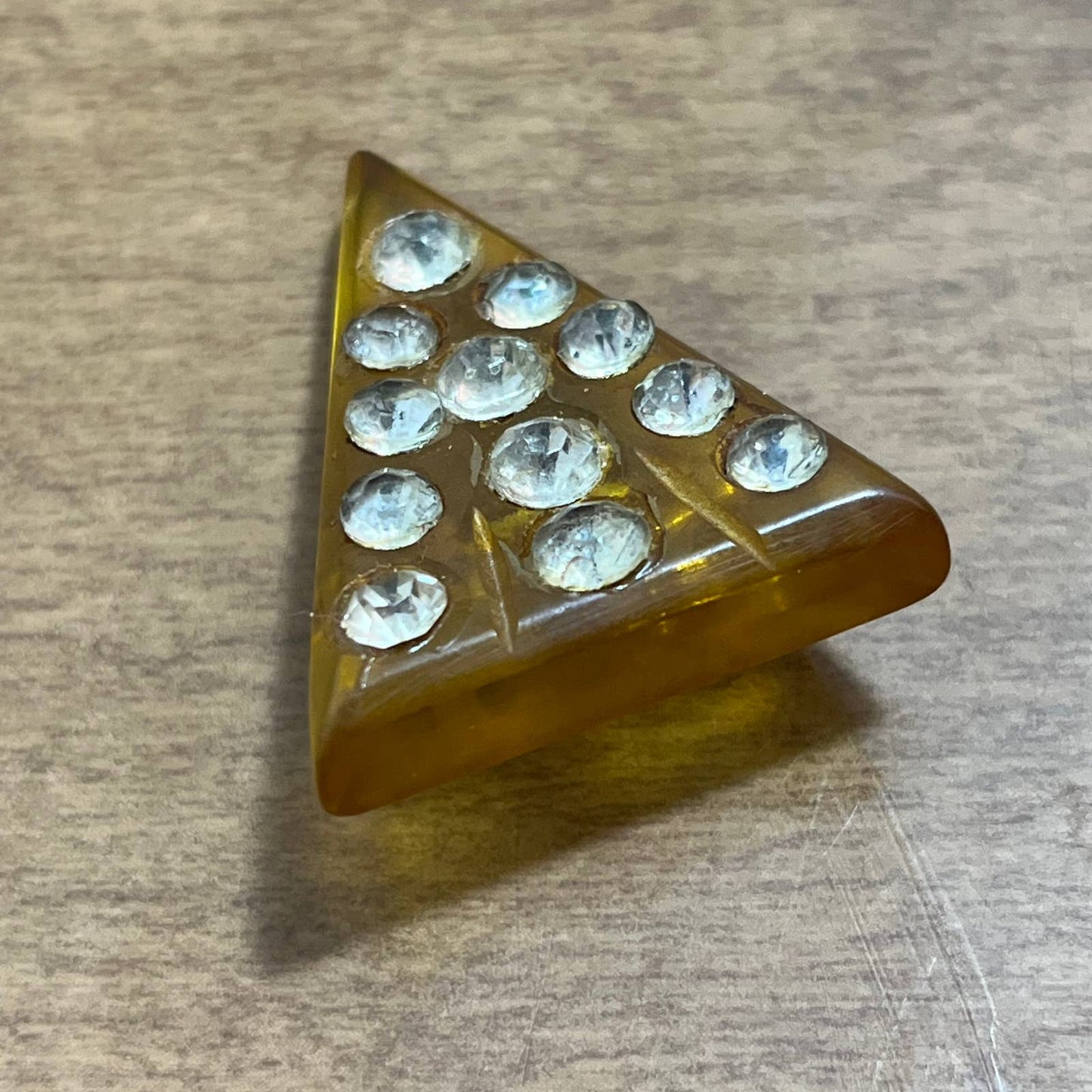 1930s Apple Juice Lucite Art Deco Rhinestone Triangle Brooch Pin 1.25” SE1