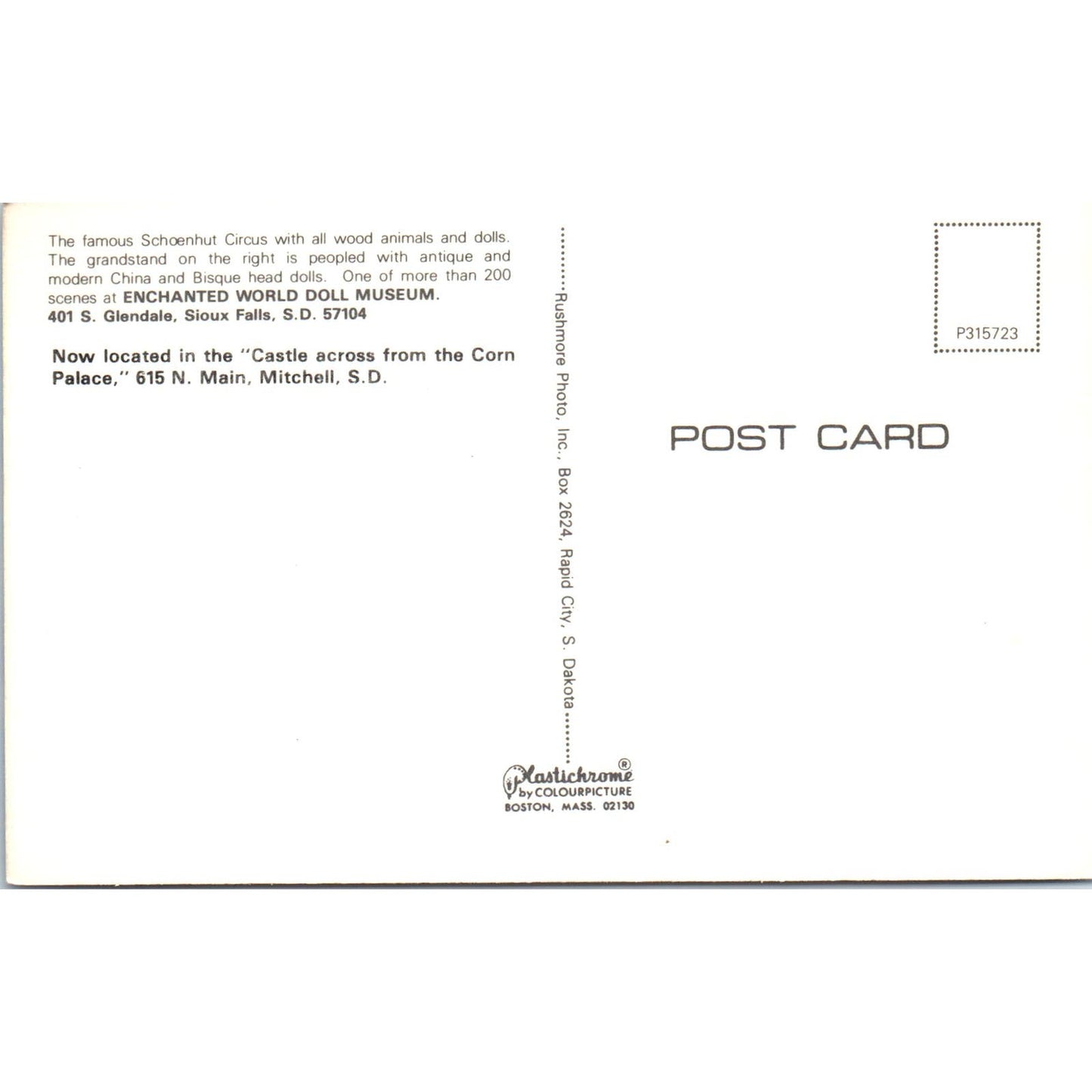 Schoenhut Circus Wood Dolls & Animals Sioux Falls SD Original Postcard PB10