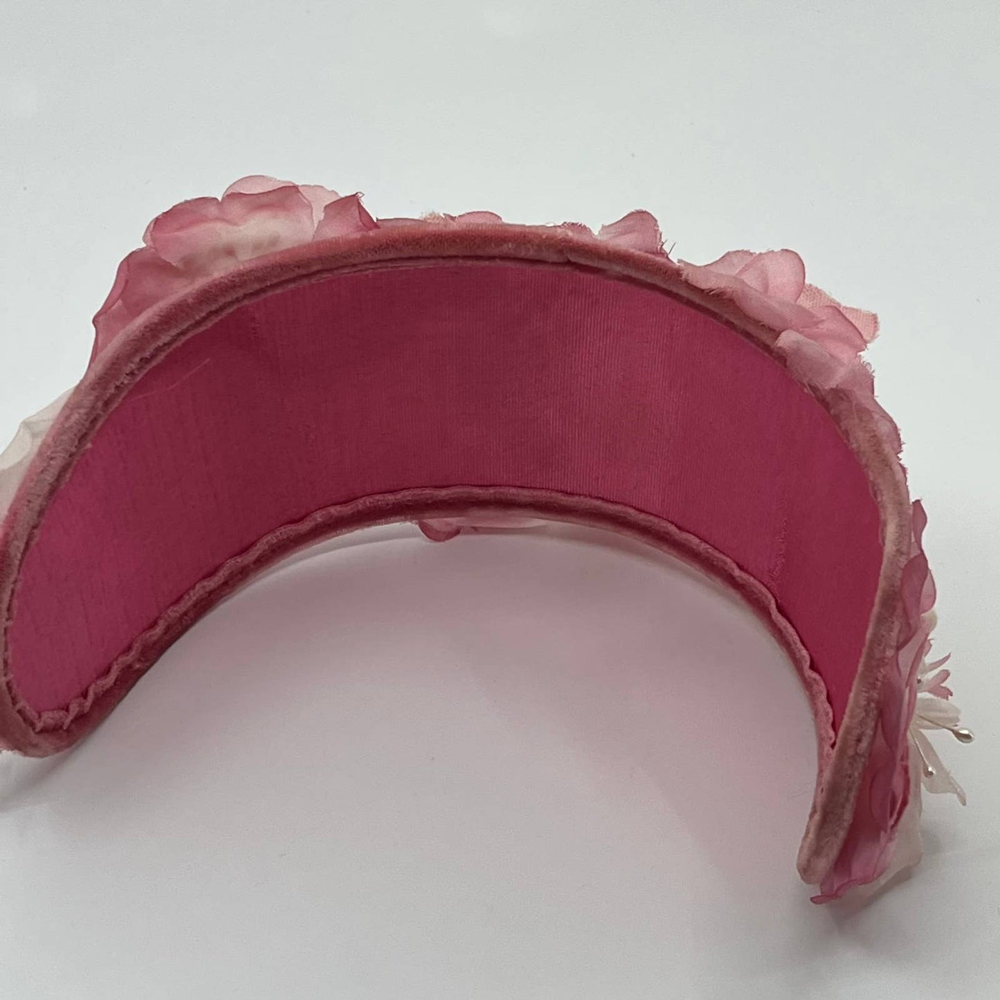 Vintage Woman’s White and Pink Velvet Flower Halo Headband Hair Wreath HB1
