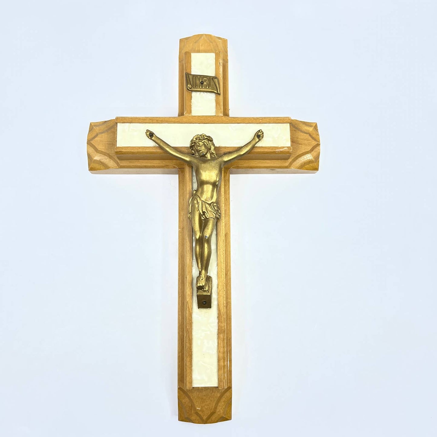 Vintage Last Rites Crucifix Solid Wood Maple Cross Mother of Pearl Inlay 13” TG4
