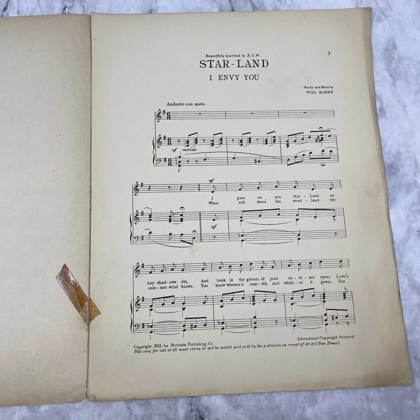 1911 STAR LAND (I Envy You) Antique Sheet Music Will Hardy A Refined Ballad V42-2