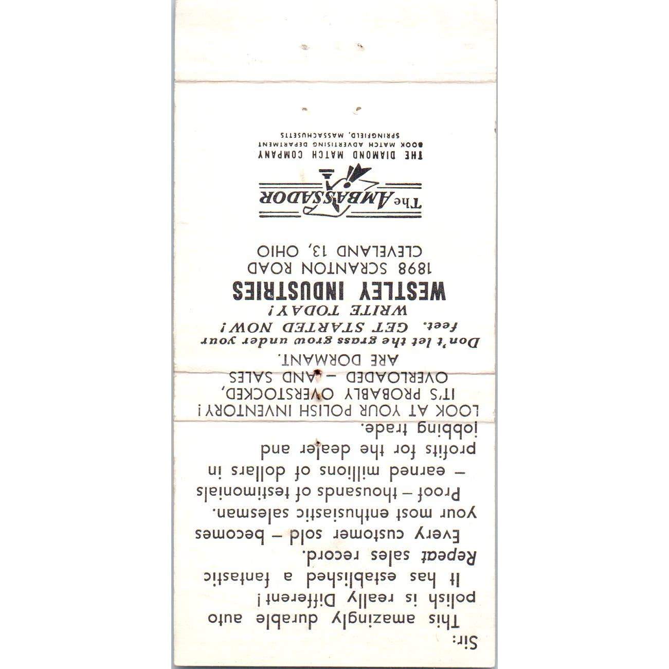 Westley's Concentrate Auto Polish Advertising Matchbook Cover SA1-M11