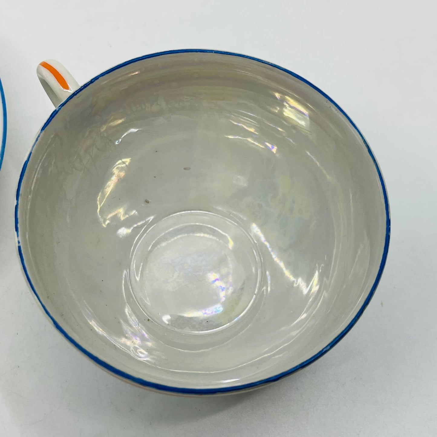 Vtg RARE Japanese Iridescent Opal Lusterware Blue Stripe Cup and Saucer Set TC5