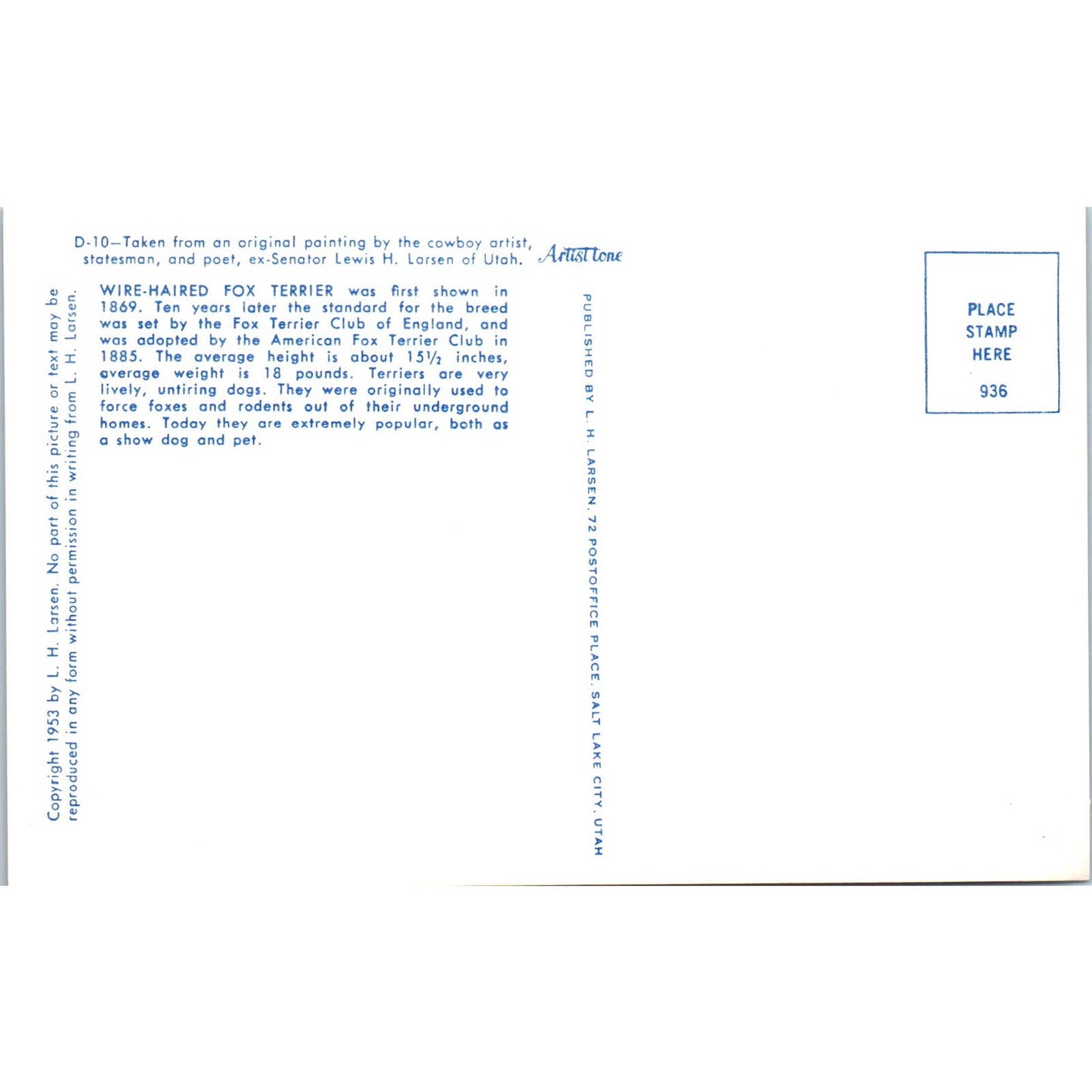 Lewis H. Larsen 1953 Wire Haired Fox Terrier Painting Original Postcard TK1-27