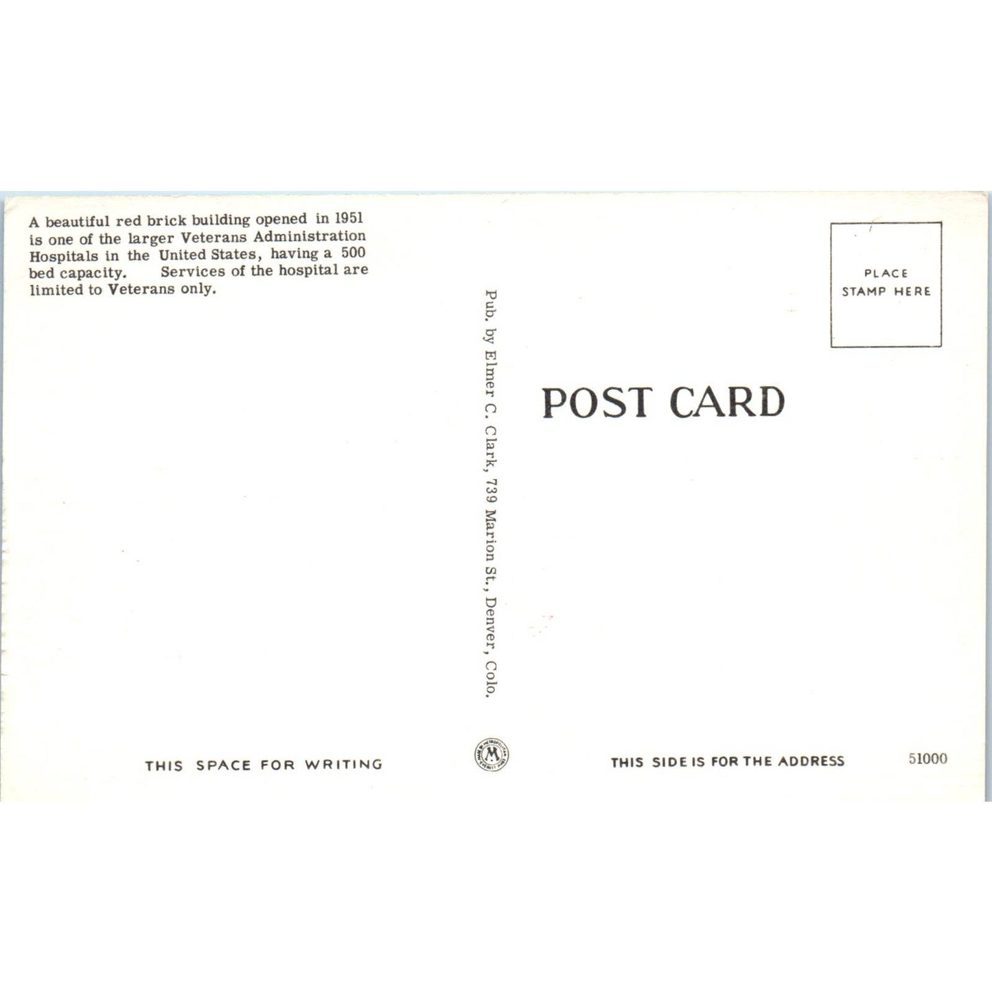 Veterans Administration Hospital Denver Colorado Original Postcard TK1-24