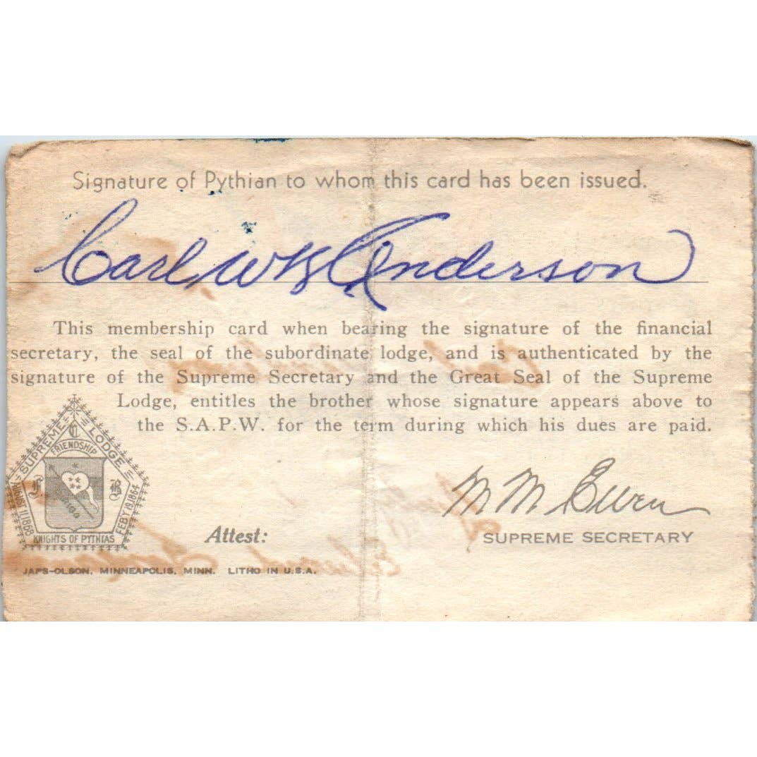 1952 Taylor Lodge 93 Knights of Pythias Membership Card Carl W.K. Anderson SE5