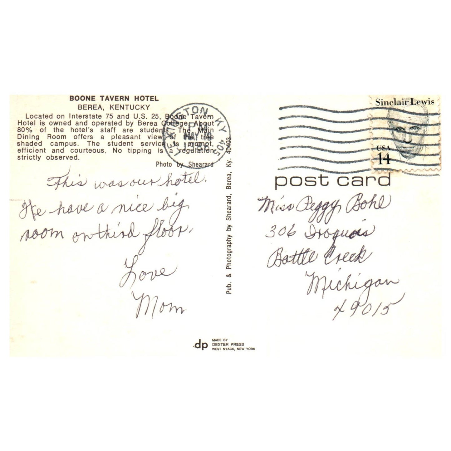 Vintage Postcard - Boone Tavern Hotel Berea Kentucky AD9