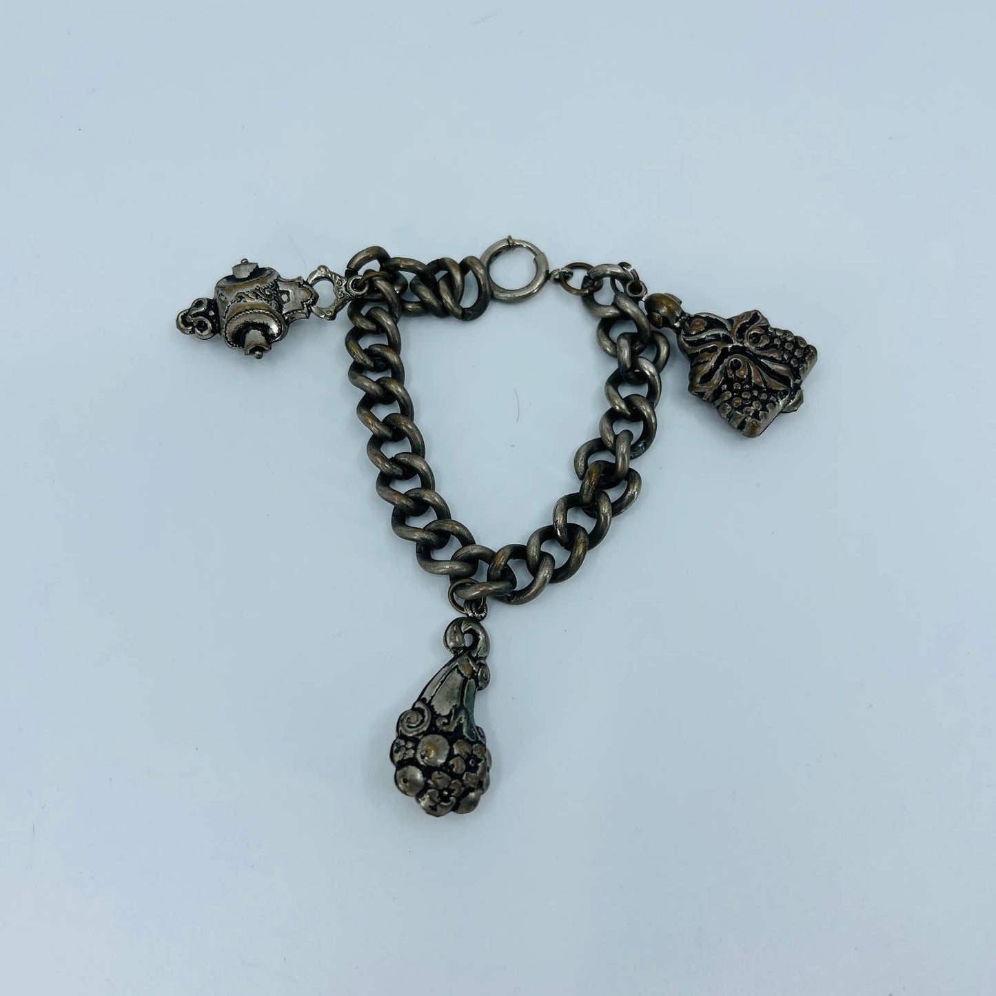 Vintage Asian Charm Bracelet Chain Link House Bouquet Scroll 7” SB2