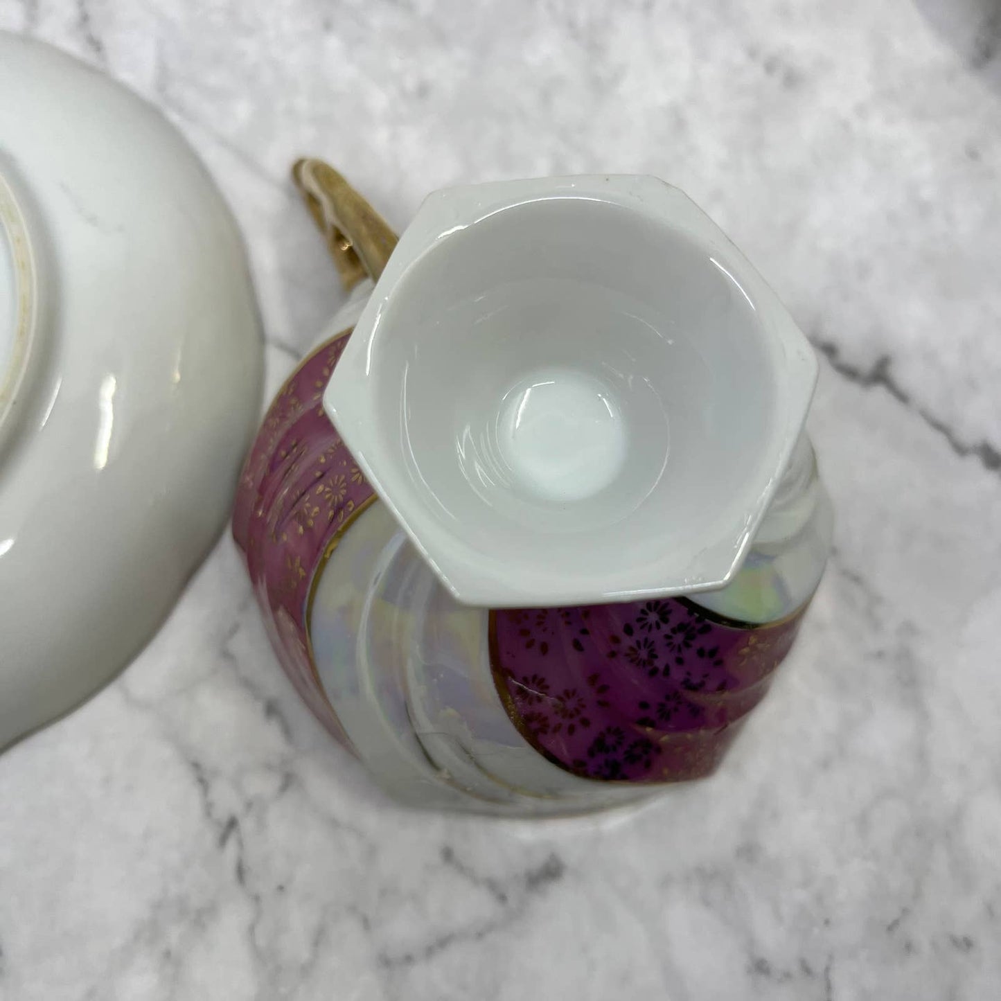 Vintage Lustreware Iridescent Bone China Footed Pink Swirl Teacup & Saucer TA7