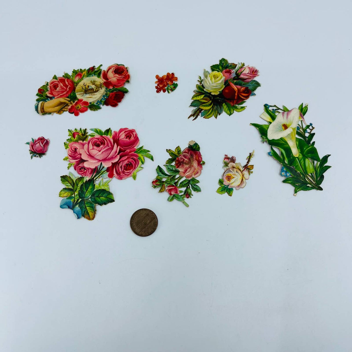 1880s Victorian Die Cut Scrap Lot 8 Flowers Roses Cala Lilly Floral 1/2-3” EA2