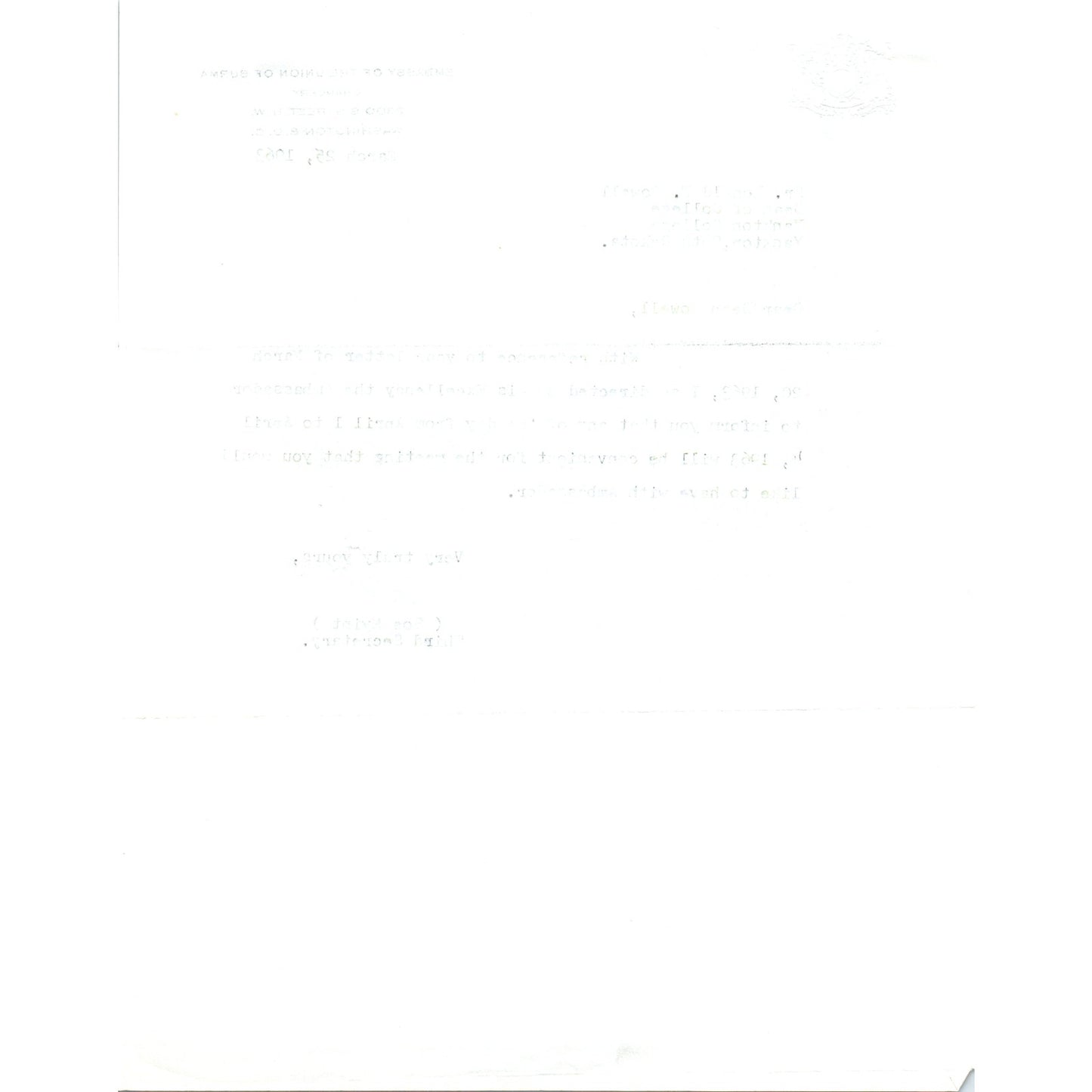 Ambassador of Afghanistan Official Letterhead Memo Dr. Abdul Majid 1963 B9