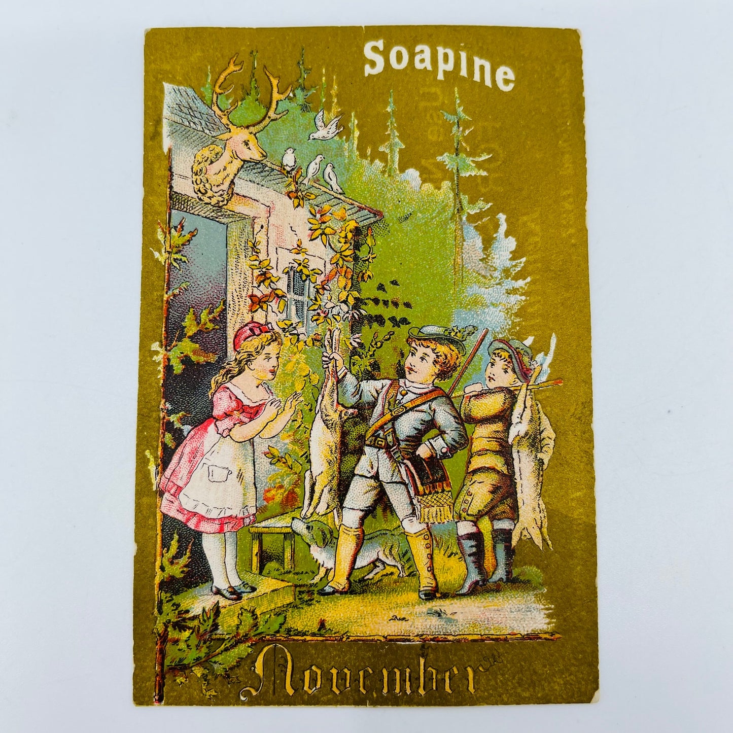 1880s Victorian Trade Card Soapine November Thanksgiving Rabbit Hunting SAH9-M11