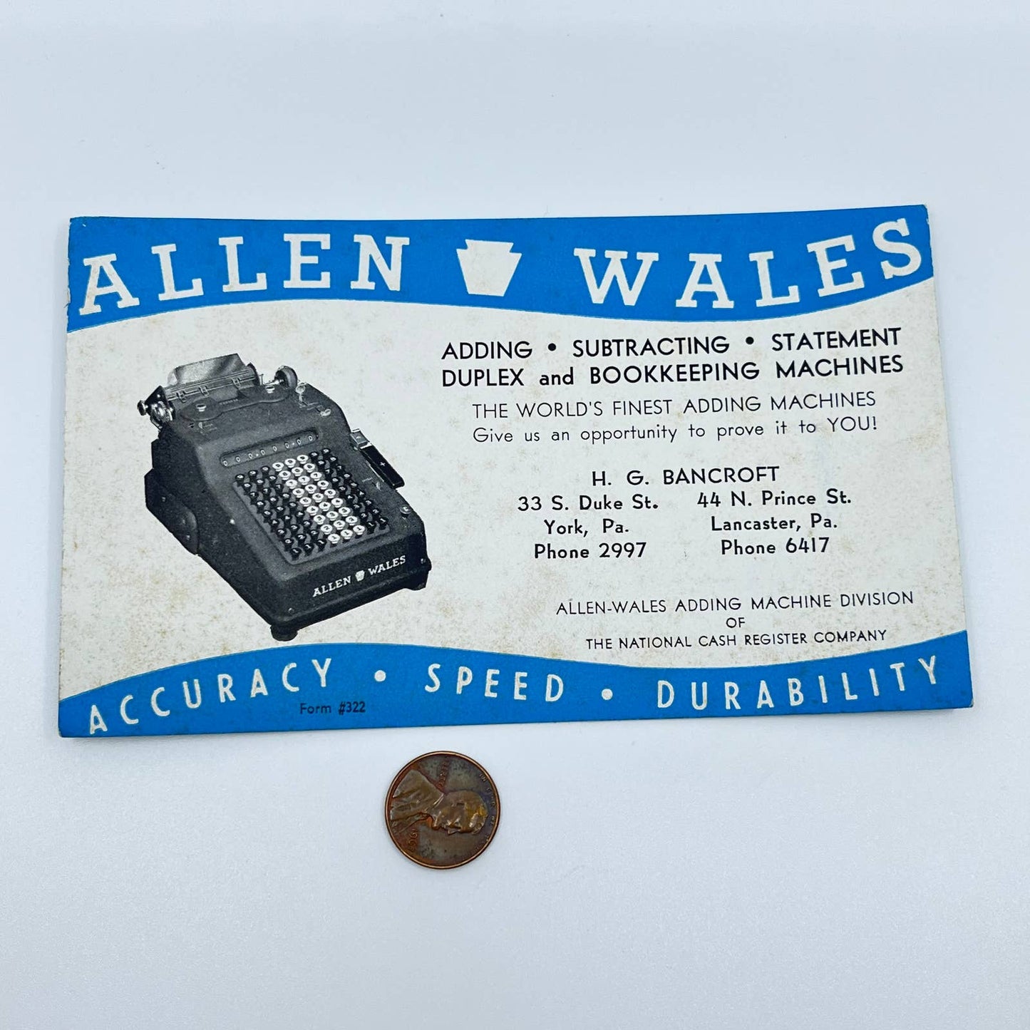 Vintage Blotter Card Allen Wales Adding Machines H.G. Bancroft Lancaster PA D4