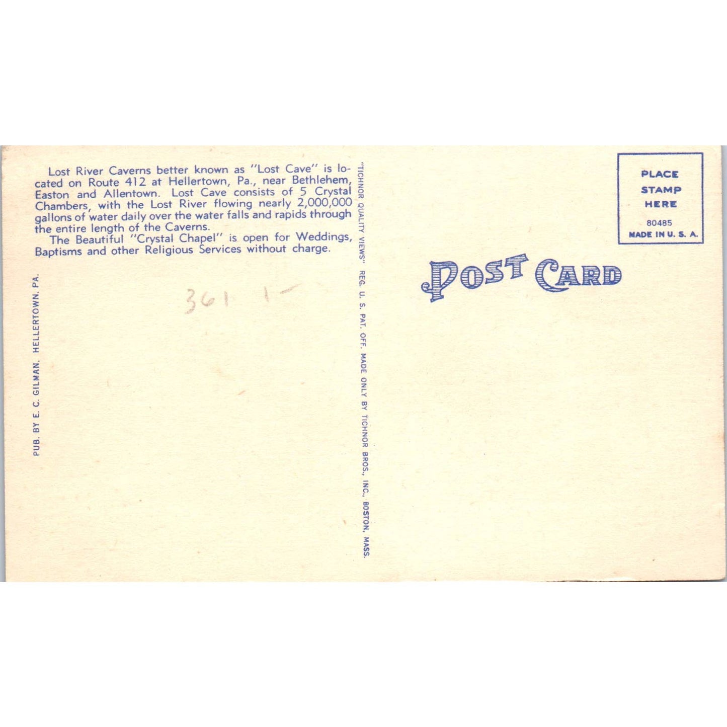 Vintage Postcard Lost River Caverns Lost Cave Hellertown PA TD8-P2