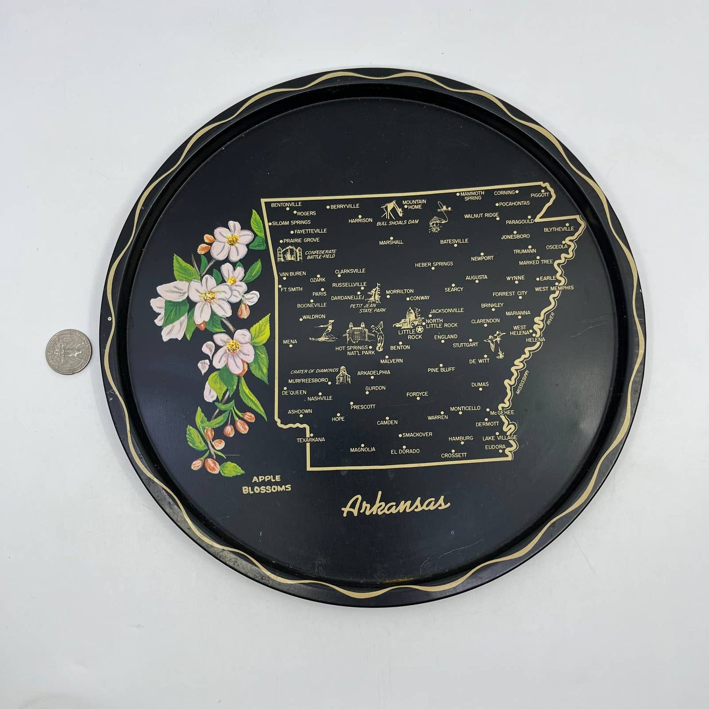 Vintage Black & Gold Metal State Souvenir Plate Tray Arkansas 11” TH2