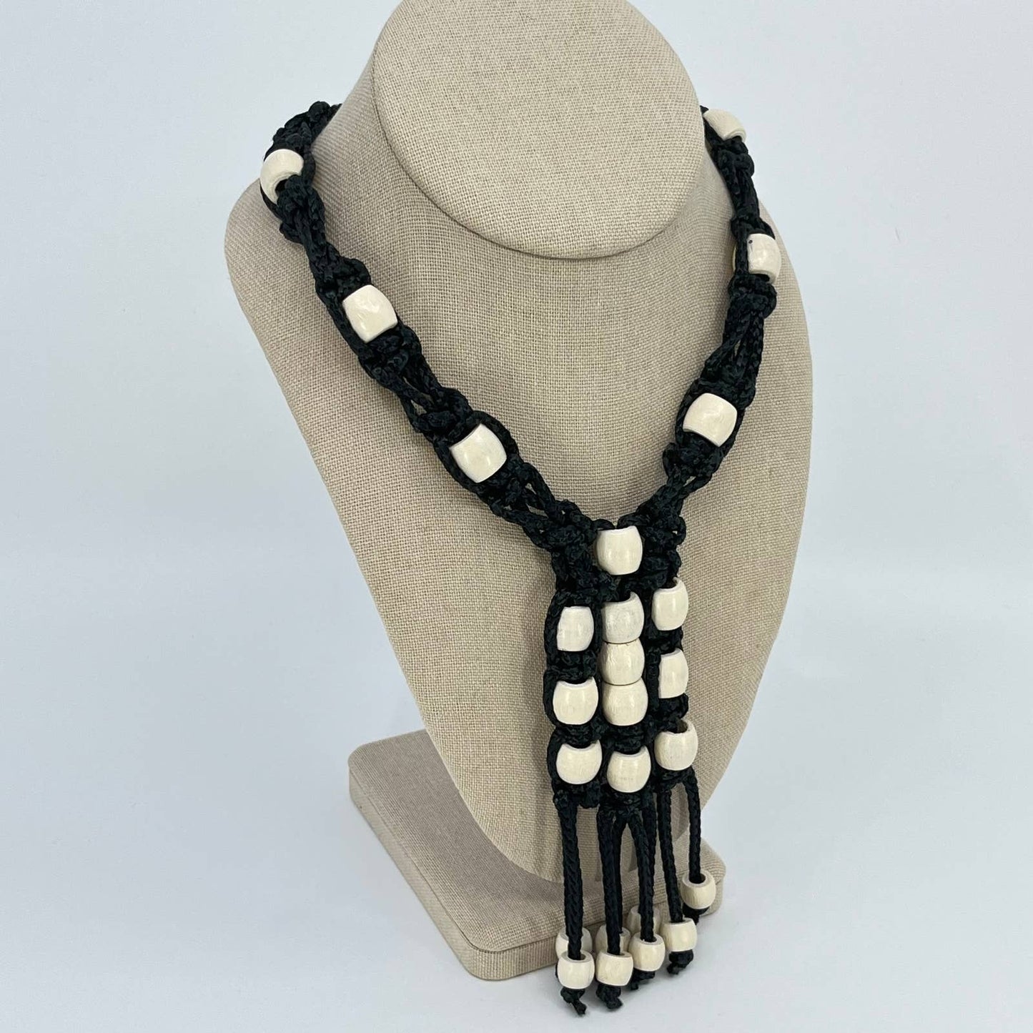 1970s Macrame Necklace Black and White Wood Bead SD2