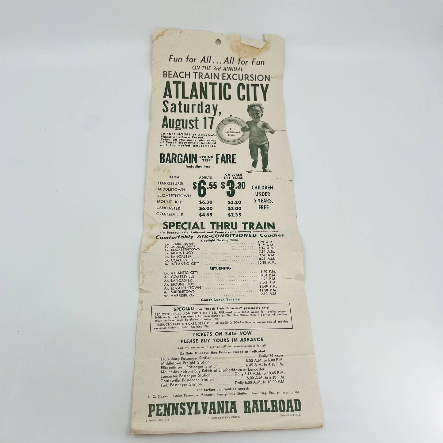 1935 Pennsylvania RR Advertising Poster Atlantic City Beach Train Excursion C8