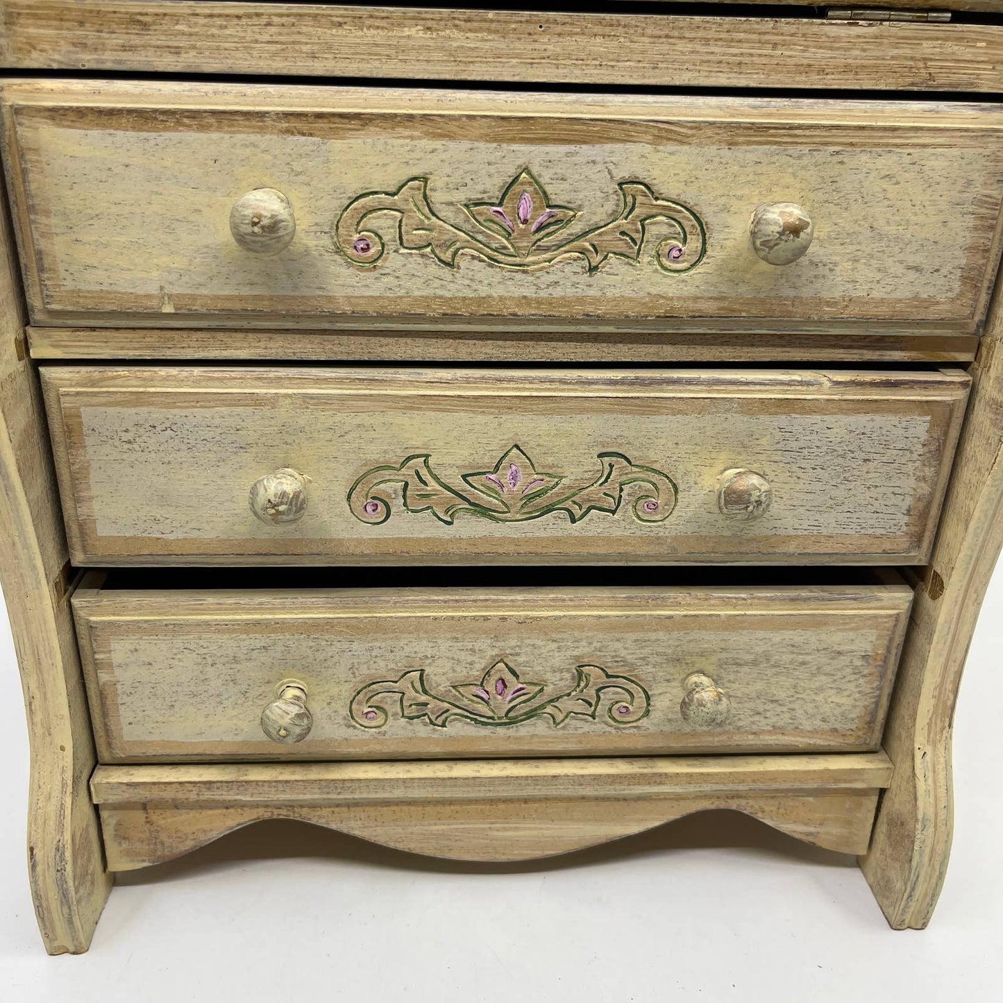 Huge Hand Painted White & Gold Tone Floral 3 Drawer Jewelry Box 15x10.5x6.5” TI1