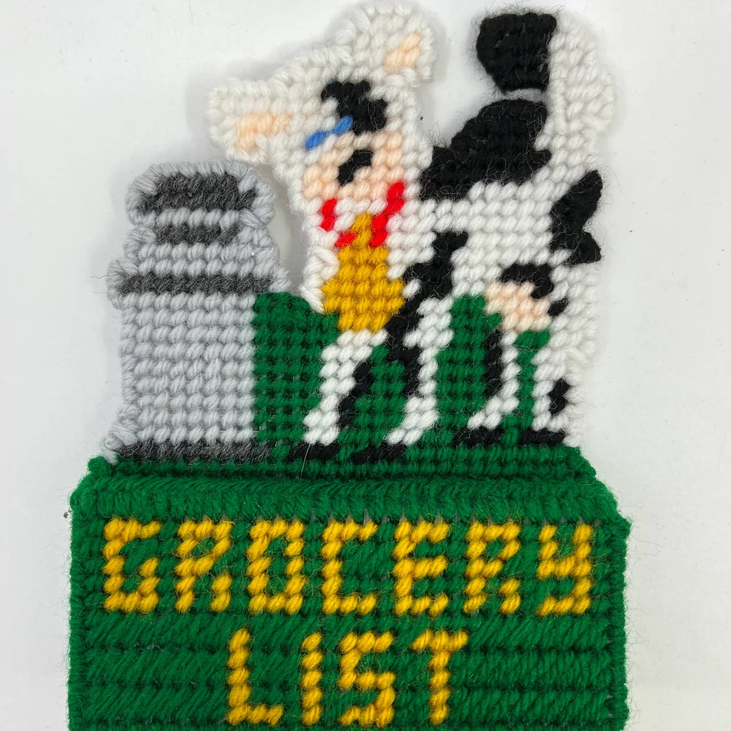 Retro Kitsch Cross Stitch Canvas Grocery List Holder Magnet Cow Farm TC3