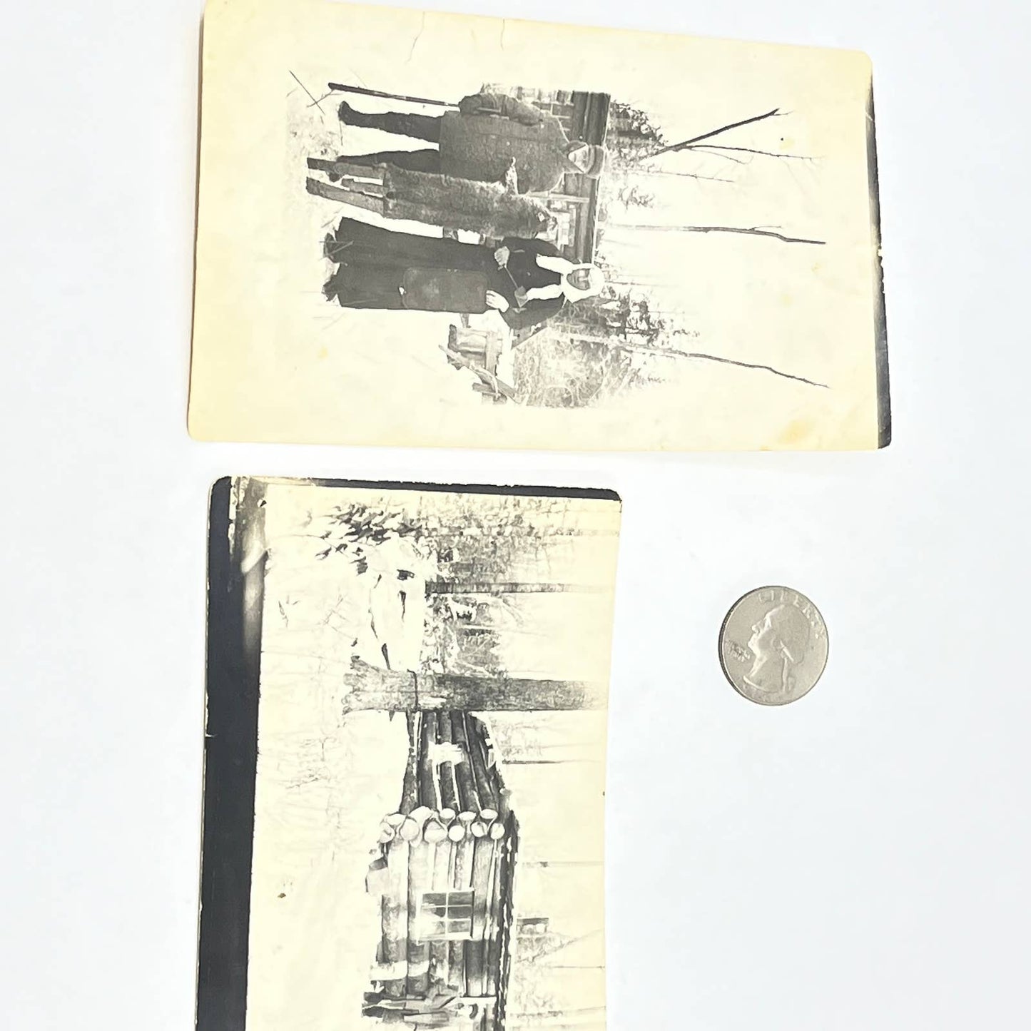 Antique Original Winter Log Cabin Hunting Photo Set of 2 AC2