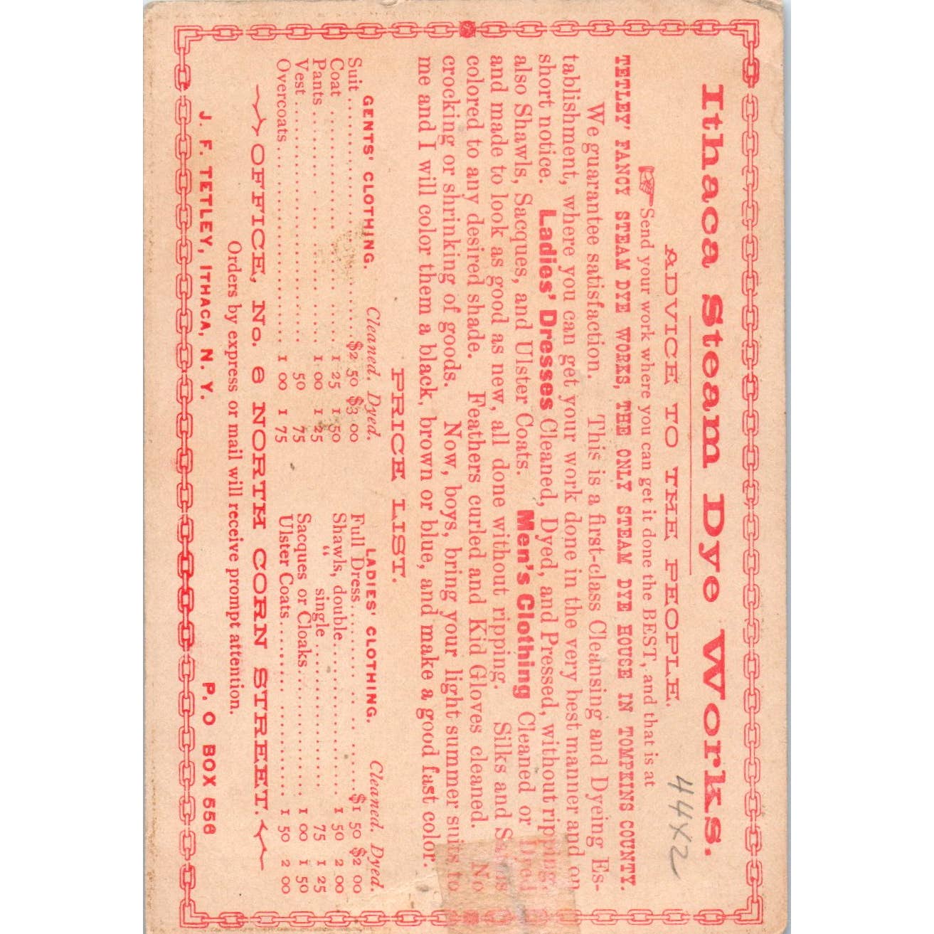 1880s Victorian Trade Card Tetley's Steam Dye Works Ithaca NY SE3-3