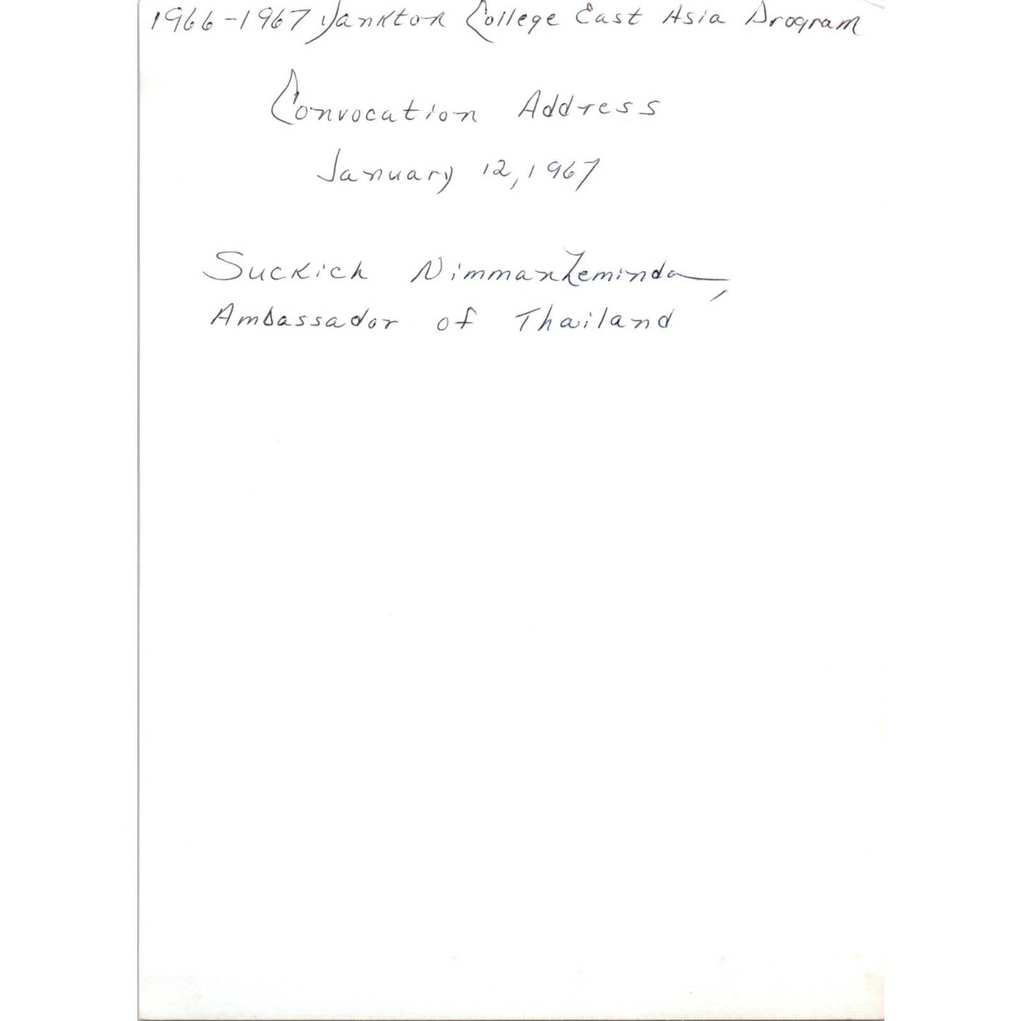 Sukich Nimmanahaeminda Thai Ambassador Yankton Convocation 1967 Photo 5x7 TK1-P5