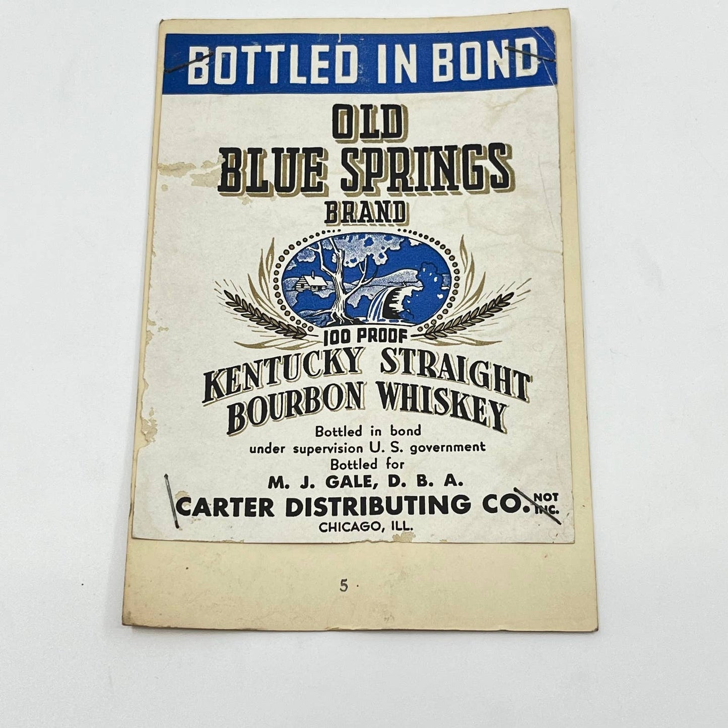 Old Blue Springs Kentucky Bourbon Whiskey Label Carter Distributing Chicago IL
