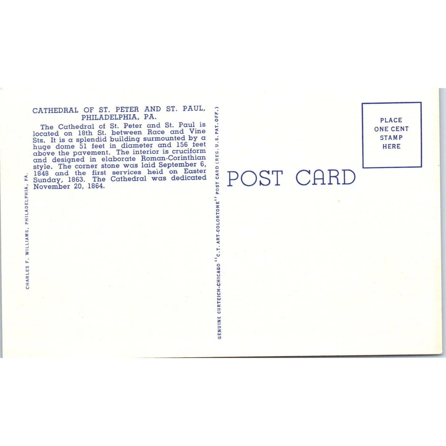 Vintage Postcard St. Peter's & St. Paul's Cathedral Philadelphia PA TI1-1