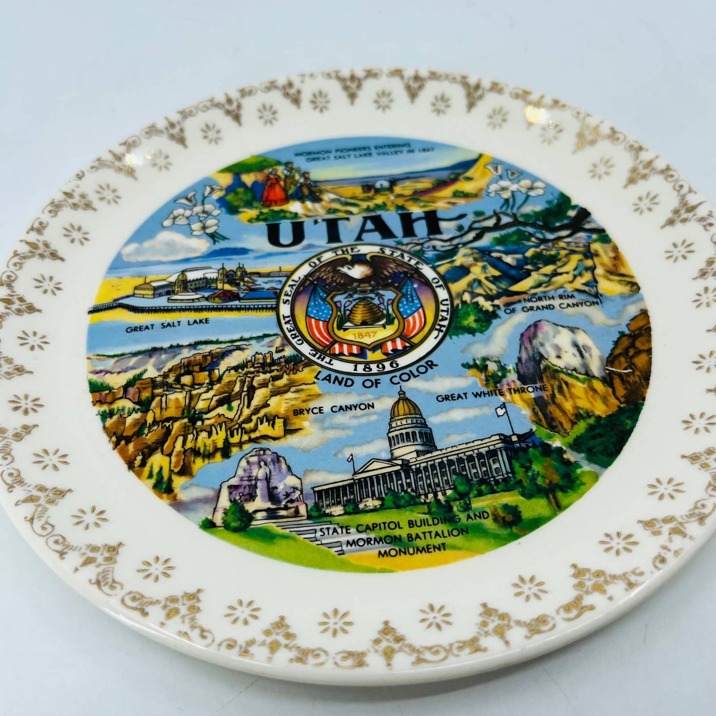 Vintage Ceramic Porcelain Gold Trim Utah Souvenir Plate 7” TC9