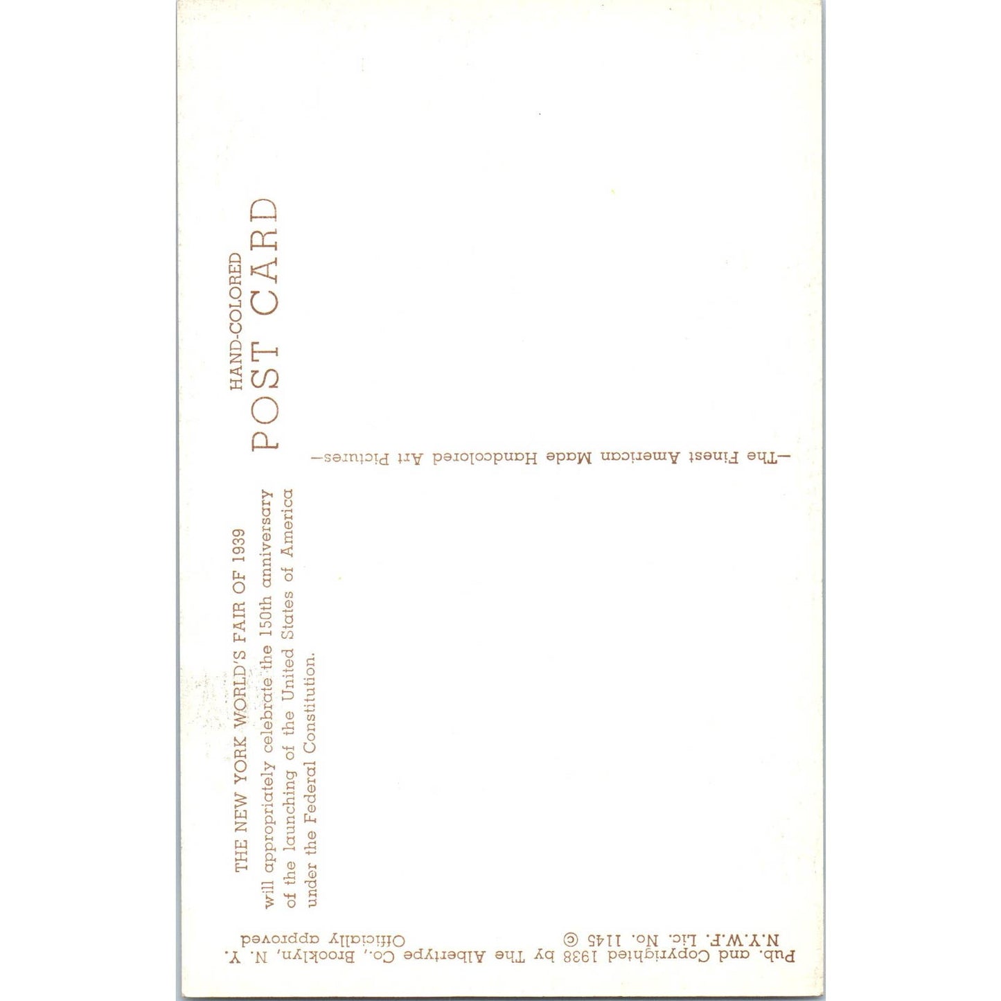 1939 New York World's Fair Washington Inauguration Original Postcard TK1-22