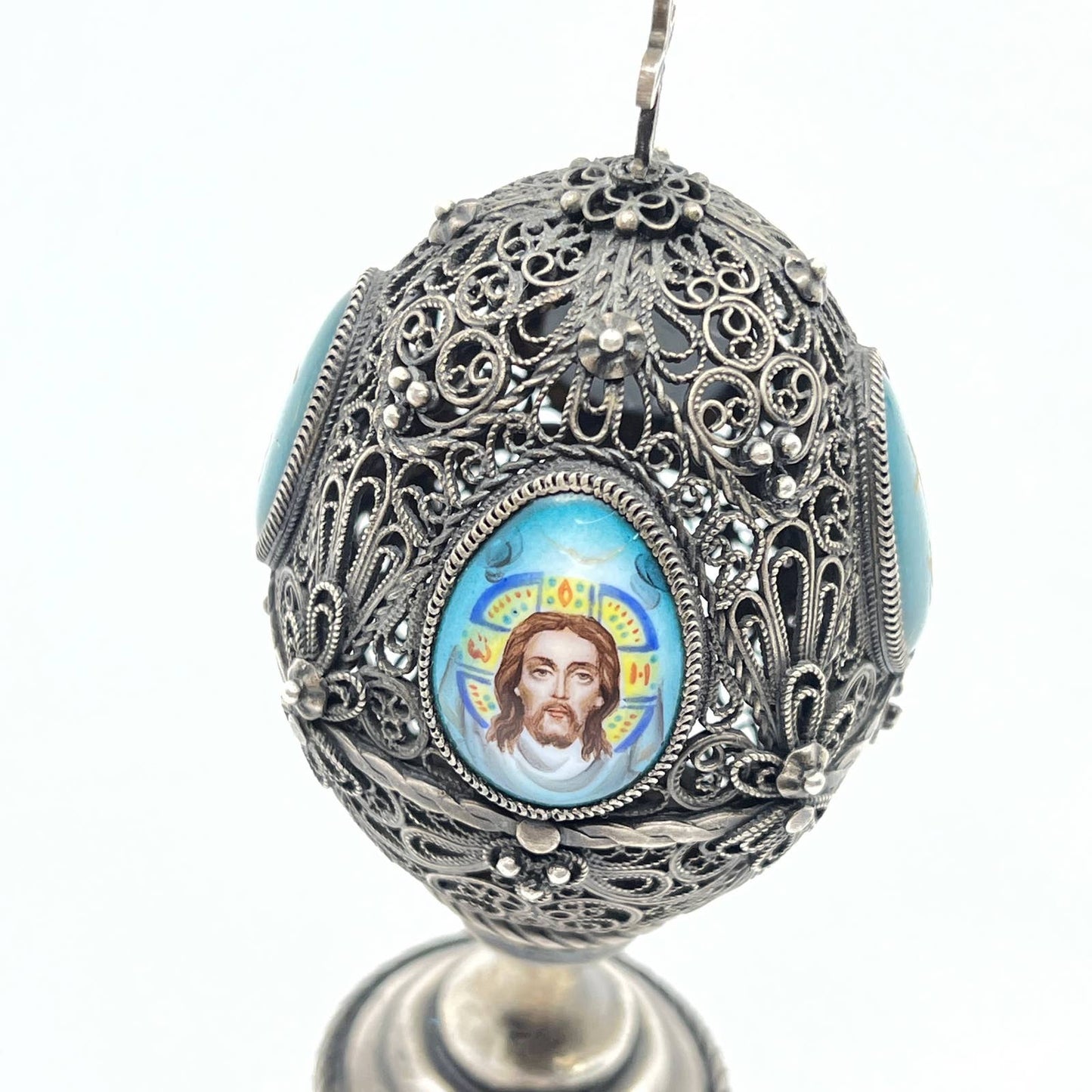 Vintage Russian Pewter Filagree Egg Catholic Jesus and Mary XB 4" TF6