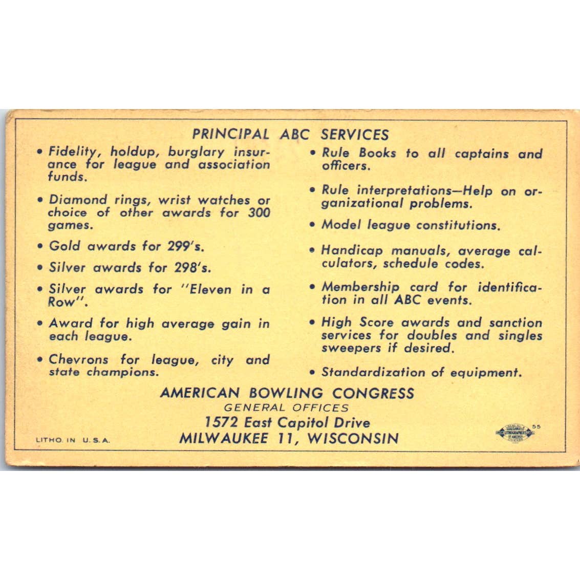 1952 American Bowling Congress Milwaukee Membership Card National Minor SE5-45