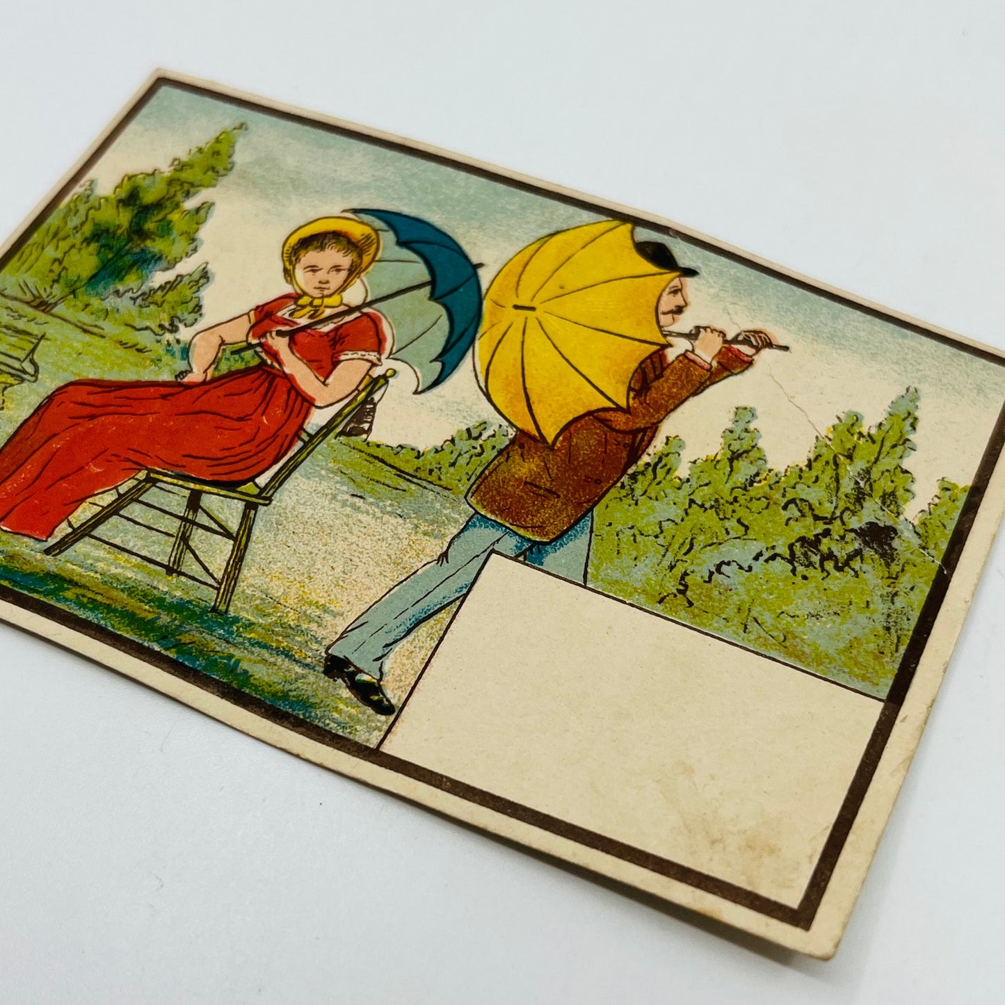 1880's VICTORIAN TRADE CARD LITHO Man & Woman W/ Umbrellas Sample Blank AH9-M9