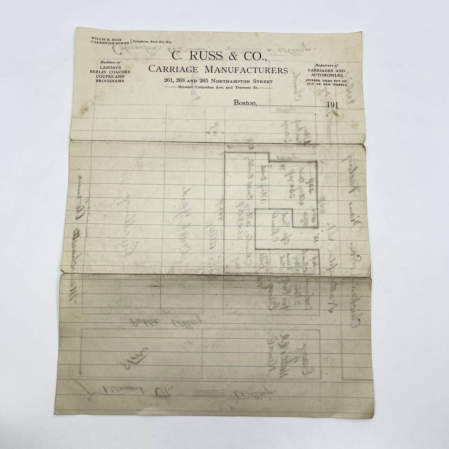 1910s Letterhead C. Russ & Co. Carriage Manufacturers w/ Map Boston MA AB2