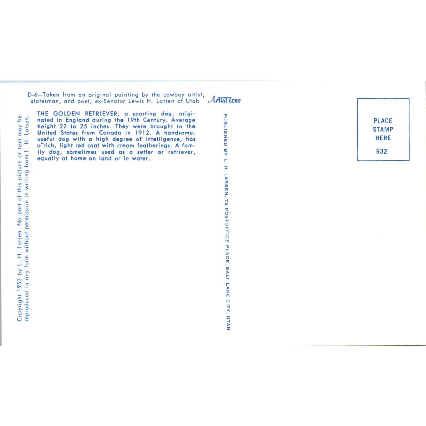 Lewis H. Larsen 1953 Golden Retriever Dog Painting Original Postcard TK1-27