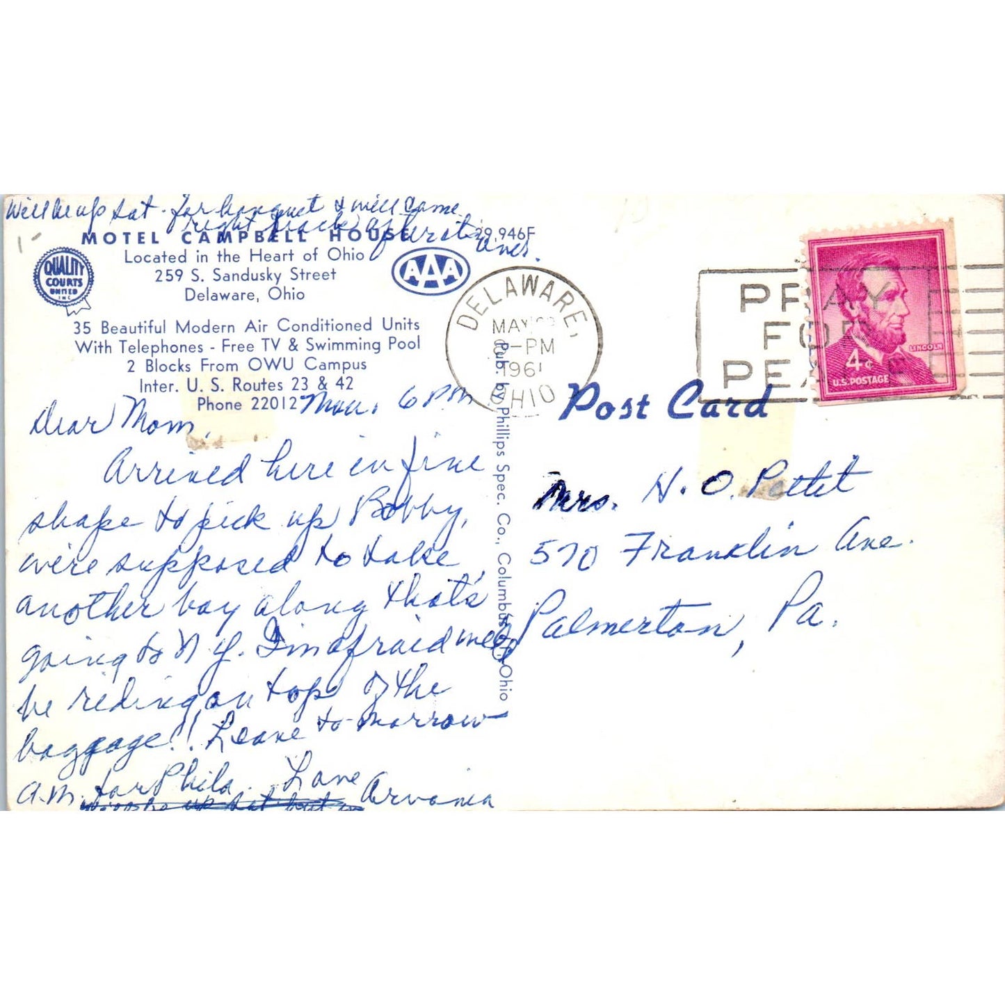 Motel Campbell House Delaware Ohio 1961 - Original Postcard TJ7-RP2