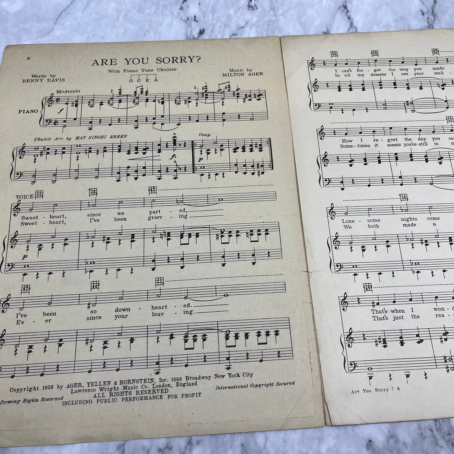 1925 SHEET MUSIC - Are You Sorry Benny Davis Milton Ager Van & Schenck V42-2