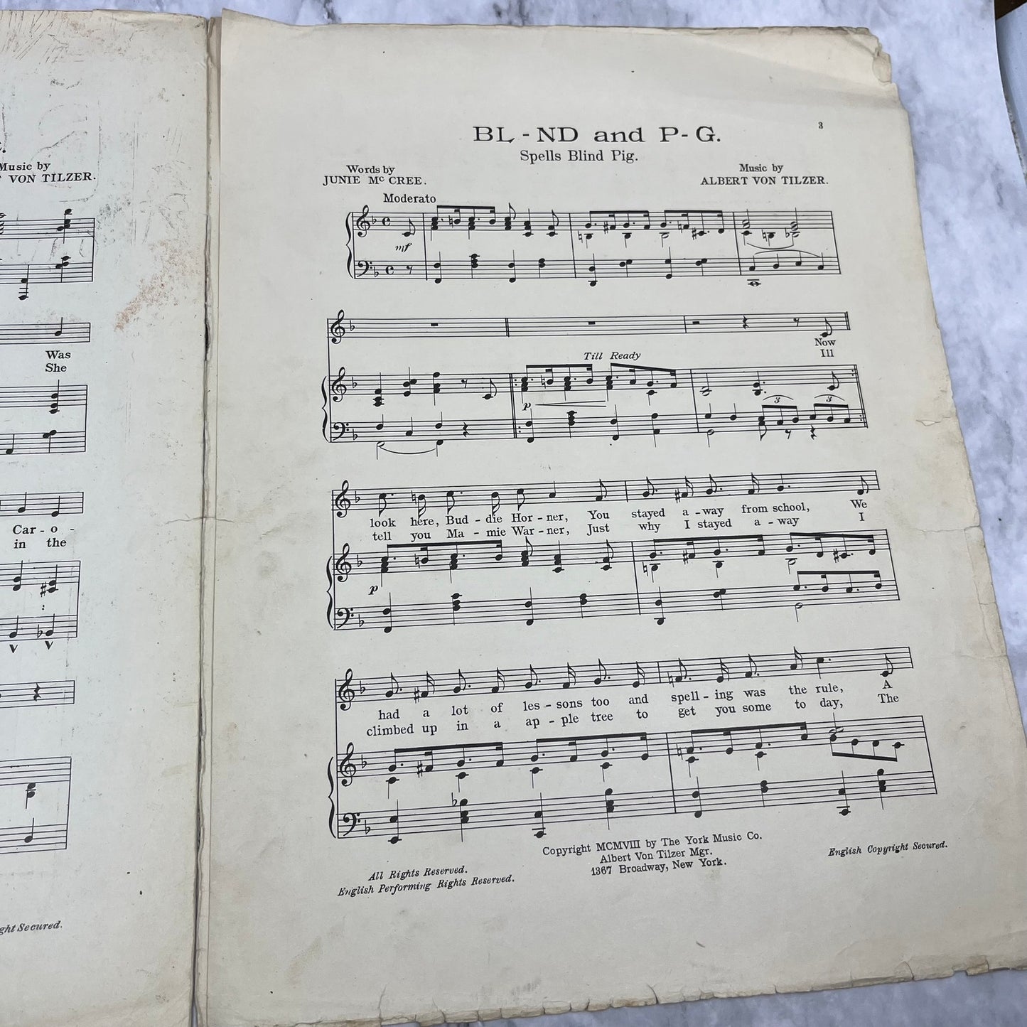 1908 Ragtime Sheet Music BL-ND P-G SPELLZ BLIND PIG Albert Von Tilzer V38