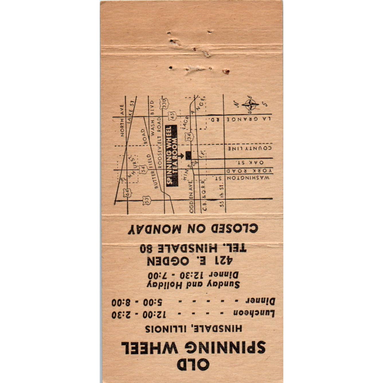 Old Spinning Wheel Tea Room Hinsdale IL Advertising Matchbook Cover SA1-M11