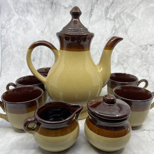 Vintage Retro Coffee Tea Set Brown Stoneware Complete 11pc Set Service For Six