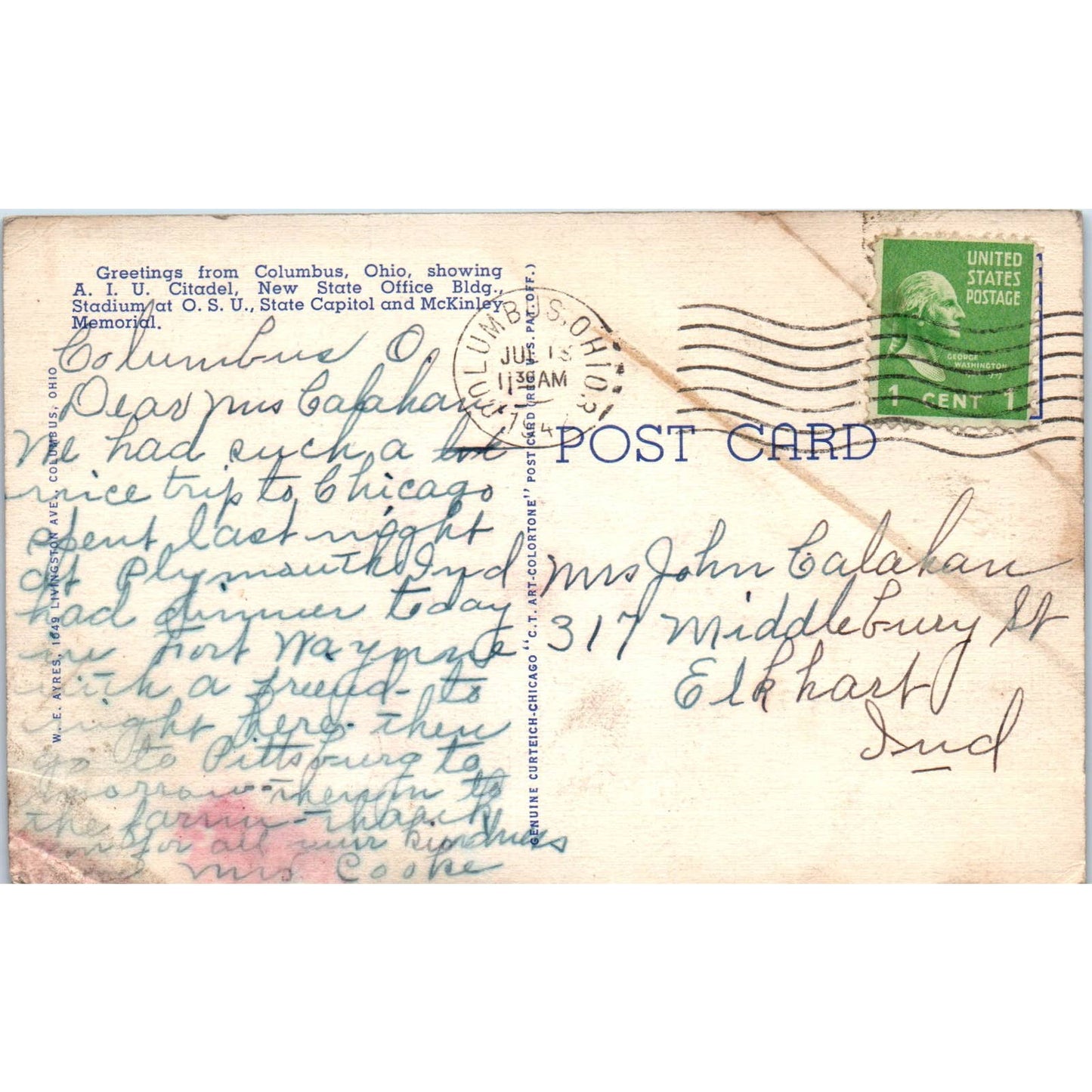 Vintage Postcard AIU Citadel, OSU Stadium McKinley Memorial Columbus Ohio TD9