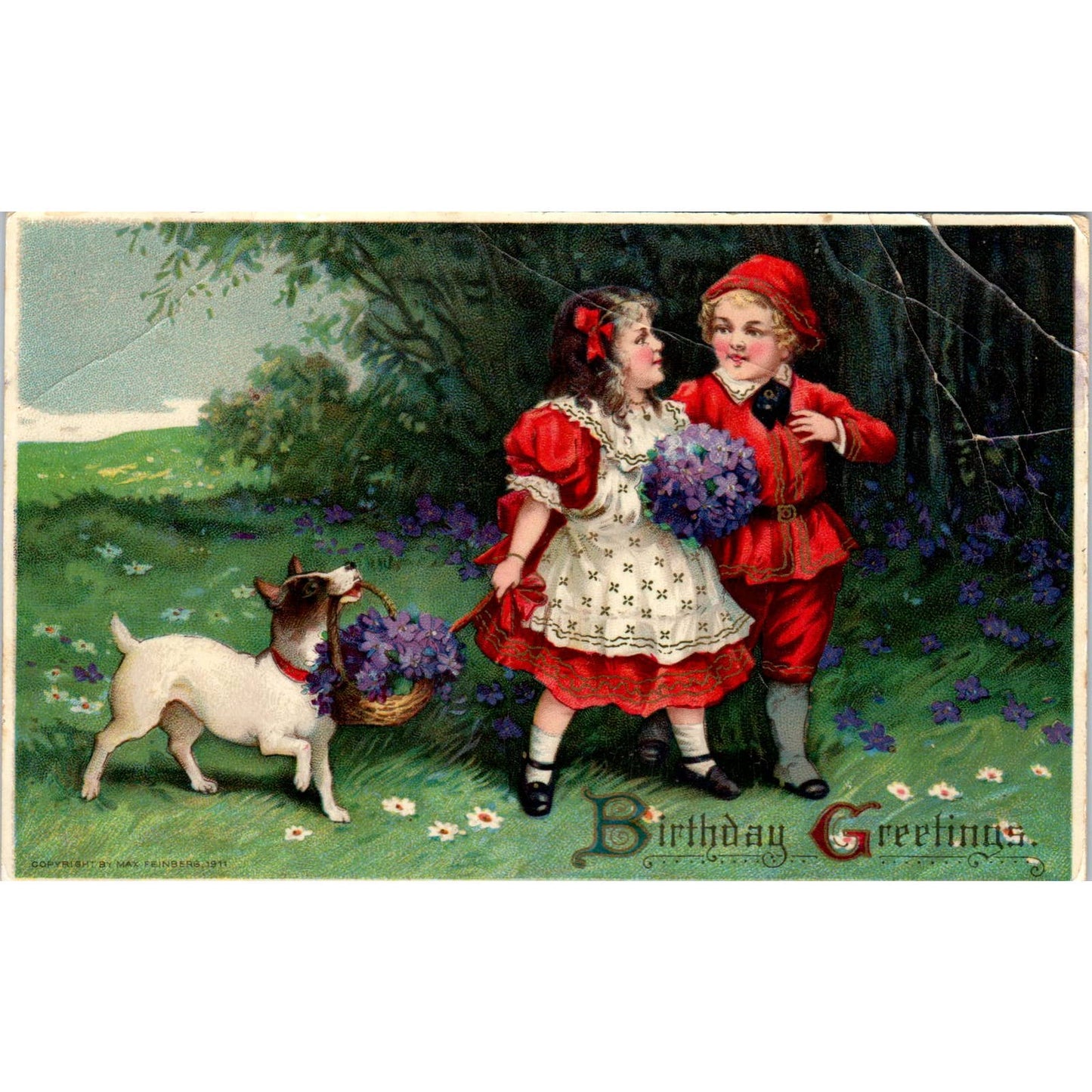 1911 Max Feinberg Postcard Birthday Greetings Children and Jack Russell Dog SE4
