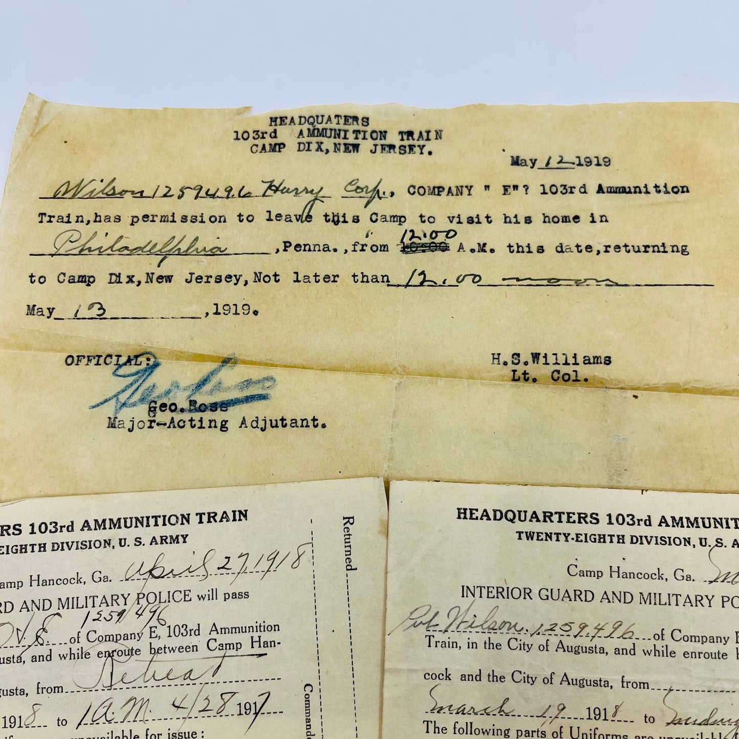 1918 WWI 28th Division 103rd Amm. Documents Corp. Harry E. Wilson Lot of 3 SC2