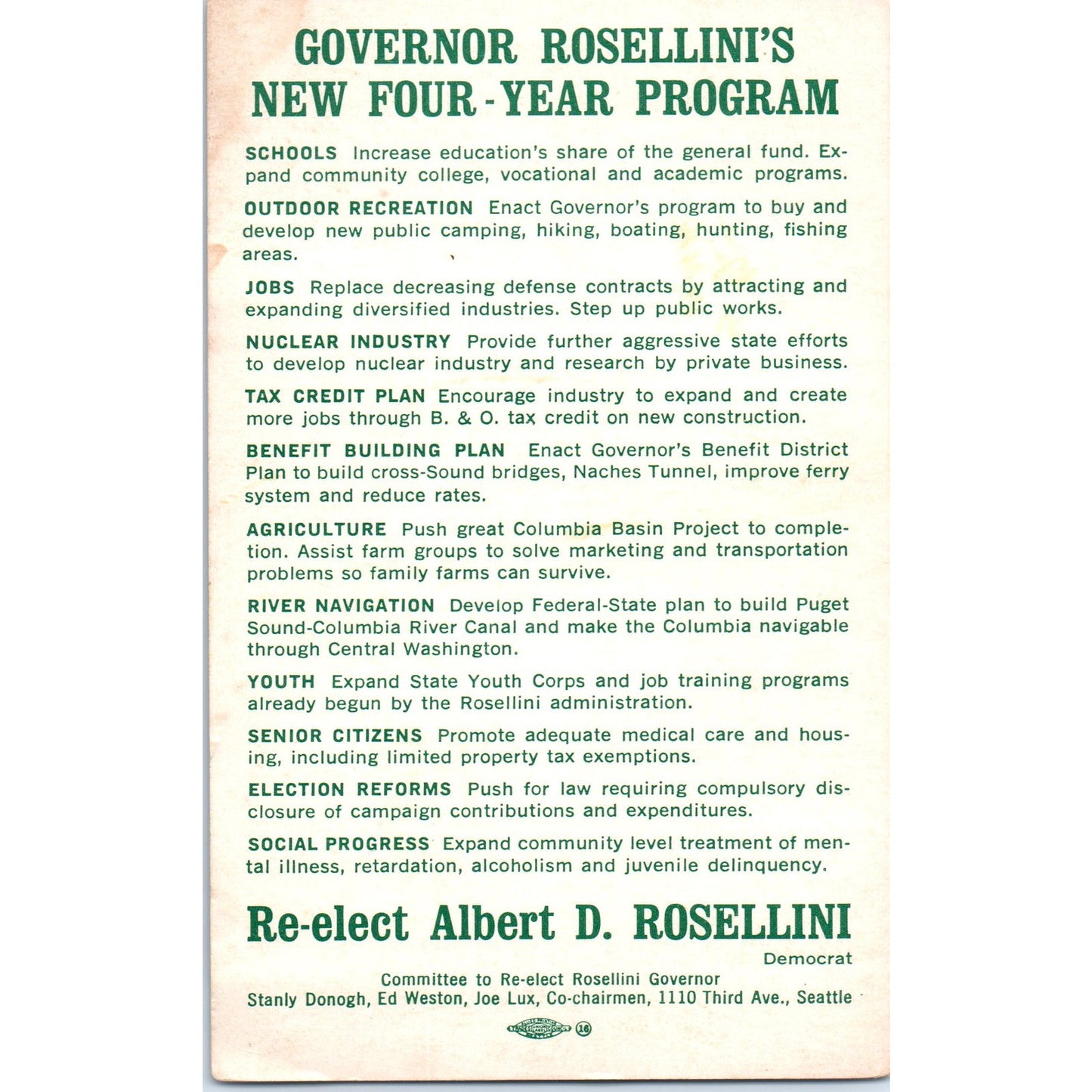 Vtg Political Card - Re-Elect Albert D. Rosellini For Governor of Washington PV1
