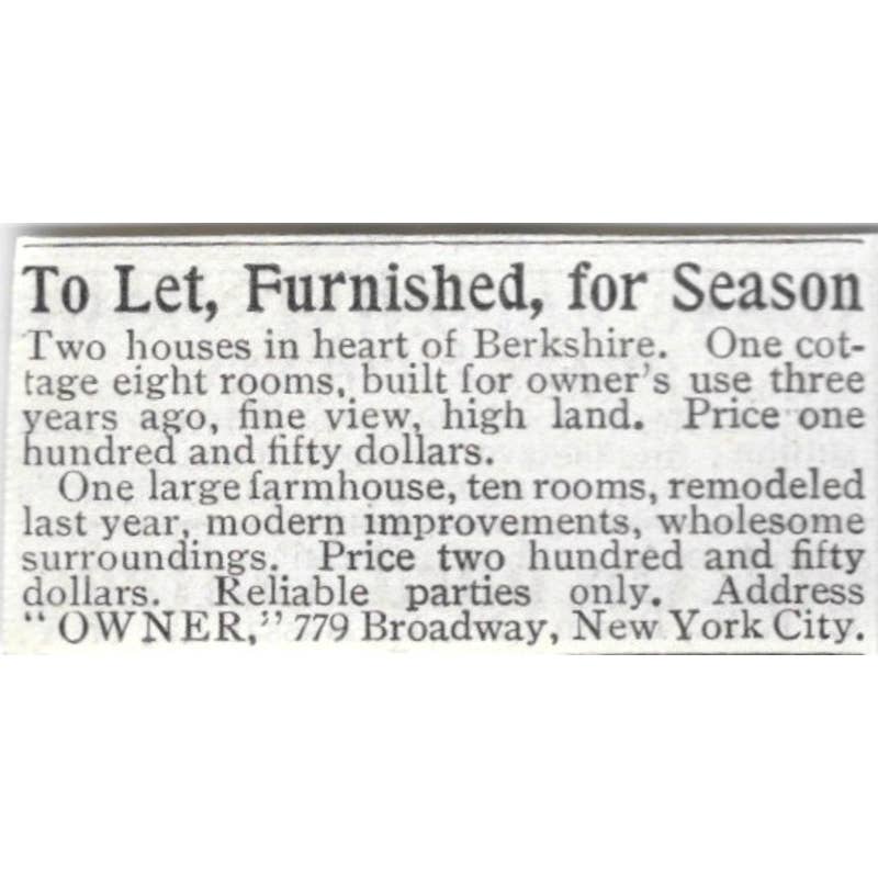 Houses for Rent in Berkshire New York - 1903 Original Ad TJ8-7-4